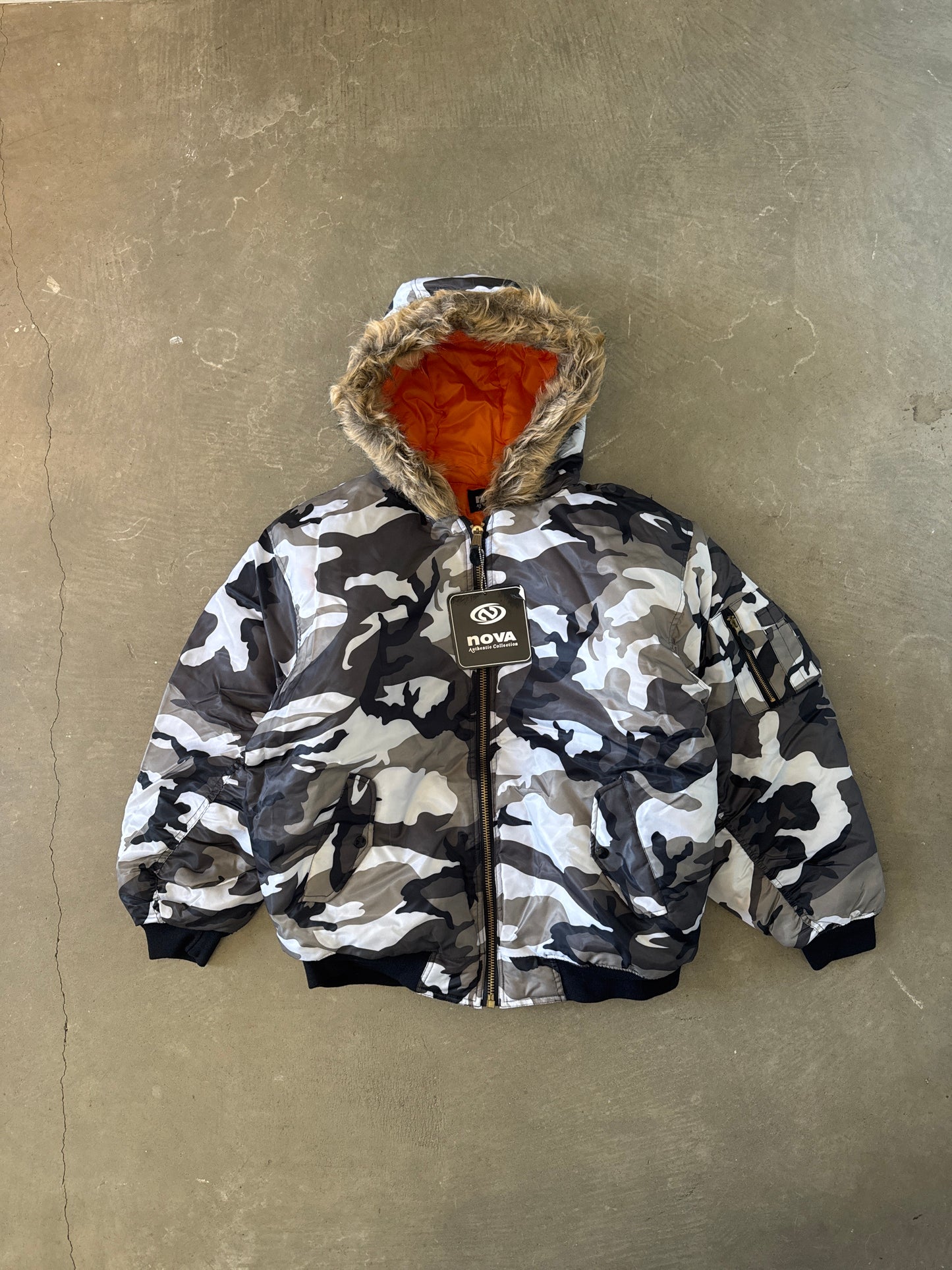 Vintage Nova Snow Camo Flight Bomber Fur Hooded Jacket