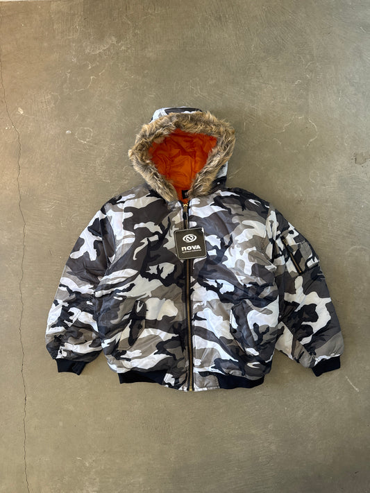 Vintage Nova Snow Camo Flight Bomber Fur Hooded Jacket