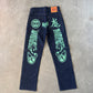 Evisu Embroidered Japanese Green Dog Art Salvage Denim Jeans