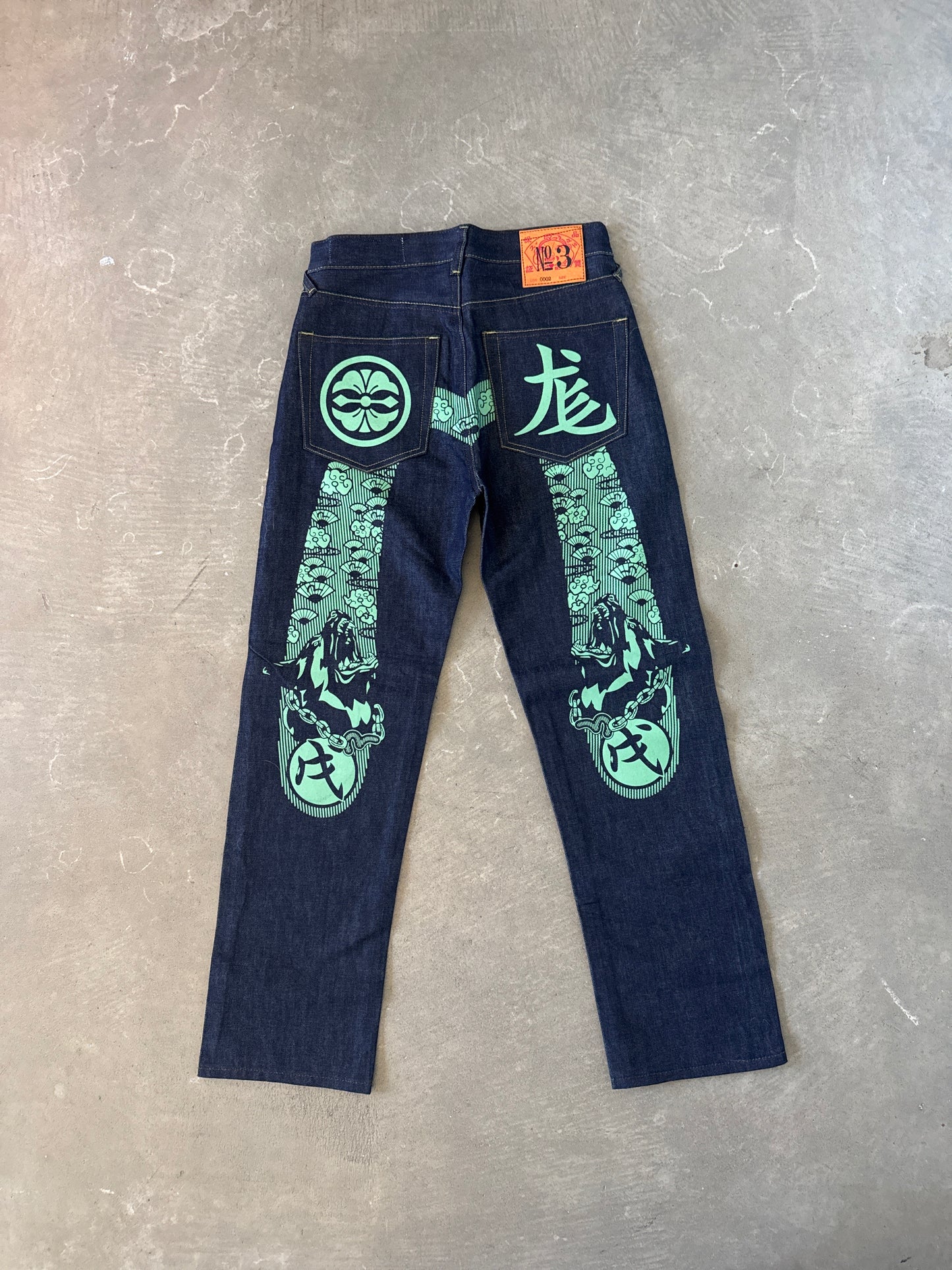 Evisu Embroidered Japanese Green Dog Art Salvage Denim Jeans