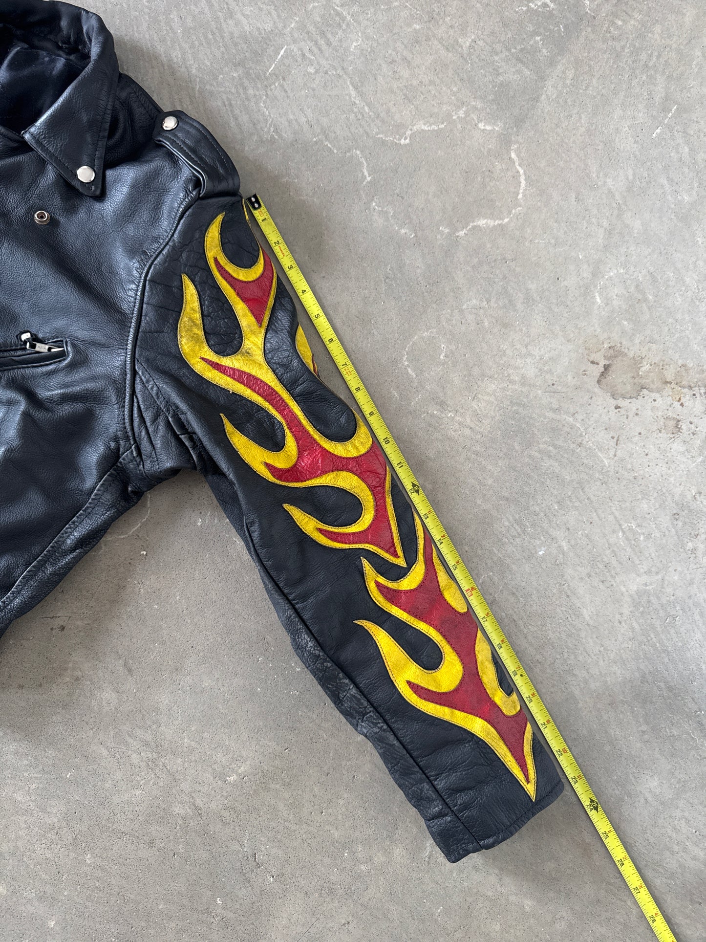 Vintage Real Leather Double Rider Flame Biker Jacket