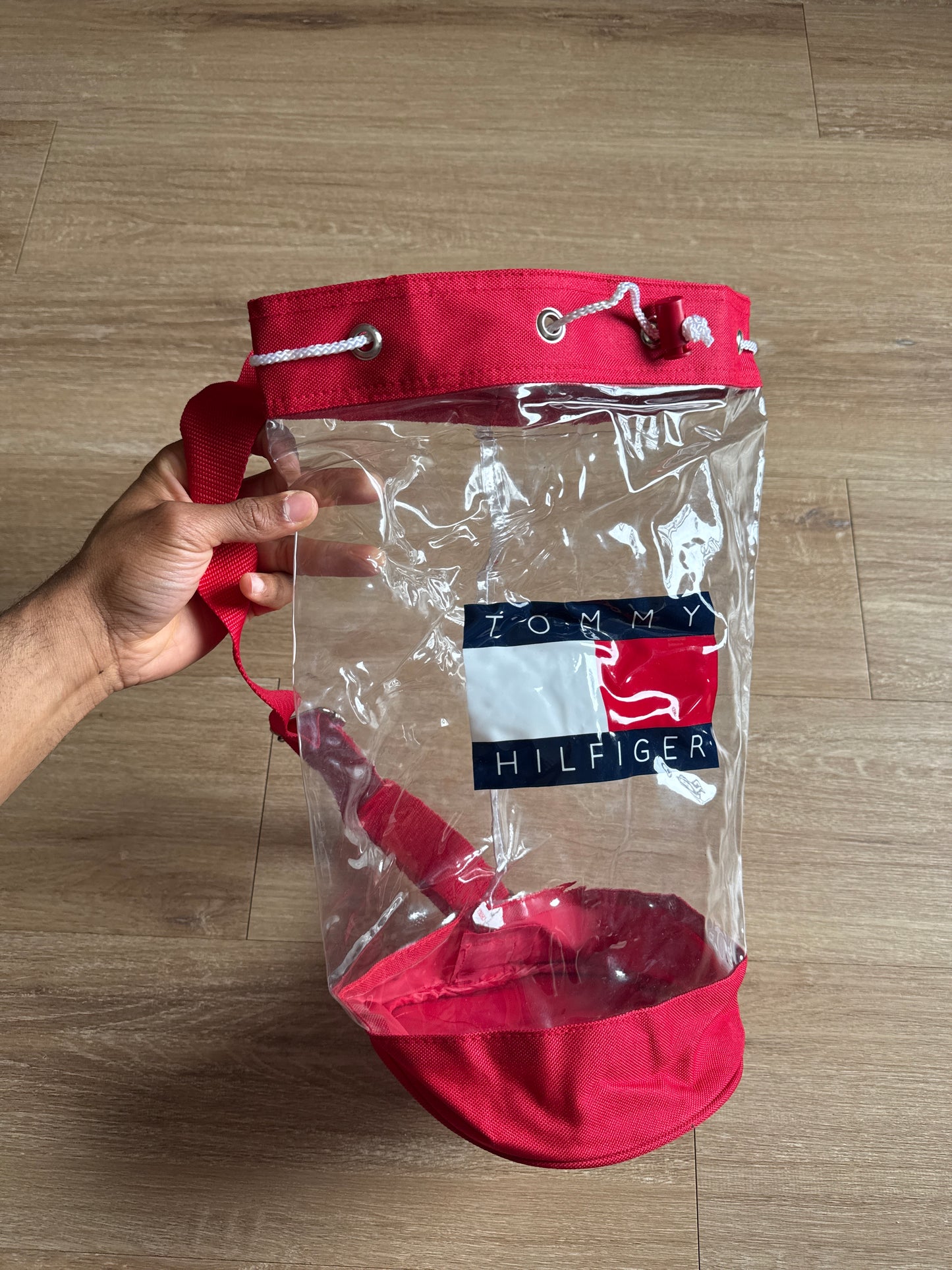 Vintage Tommy Hilfiger Clear Towel Drawstring Tote Shoulder Bag Backpack