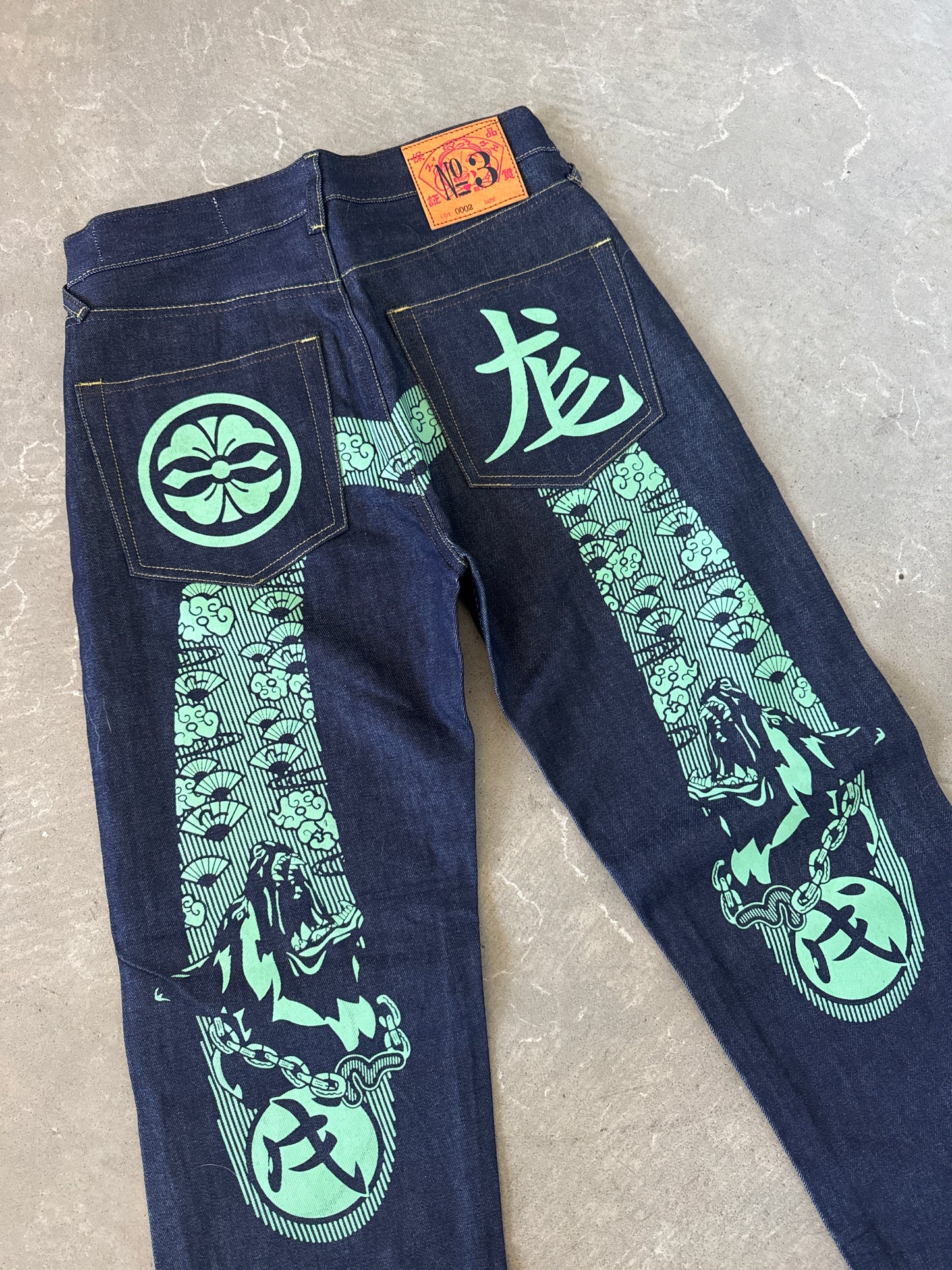 Evisu Embroidered Japanese Green Dog Art Salvage Denim Jeans