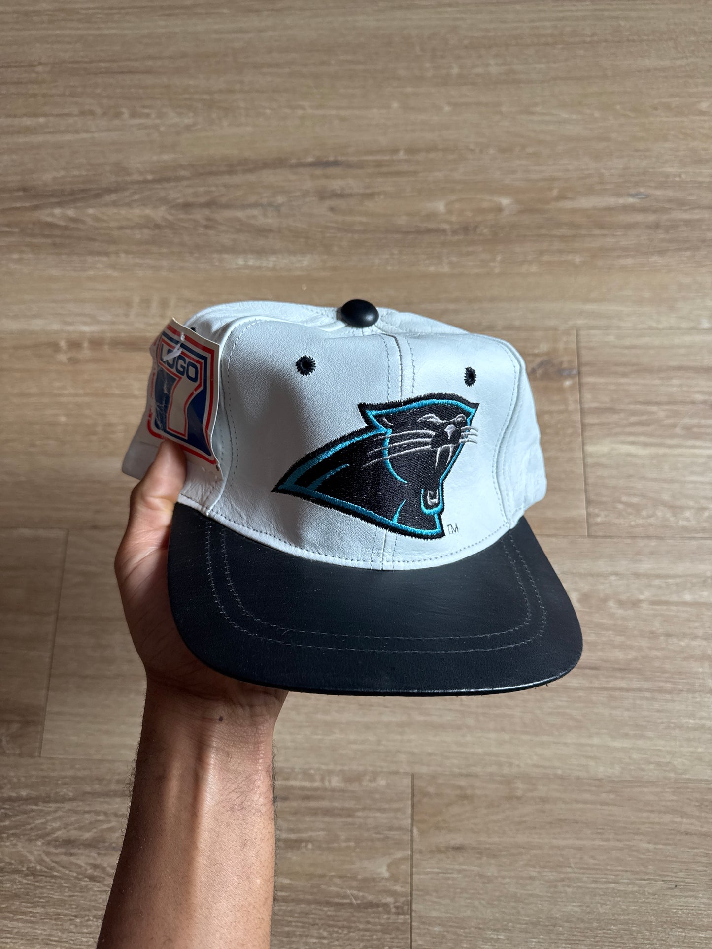 Vintage Logo 7 Carolina Panthers Leather Strapback Hat