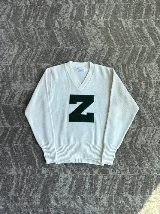 Vintage 70s East-Tenn Varsity Award Cream Forest Green Chenille Z Patch Sweater