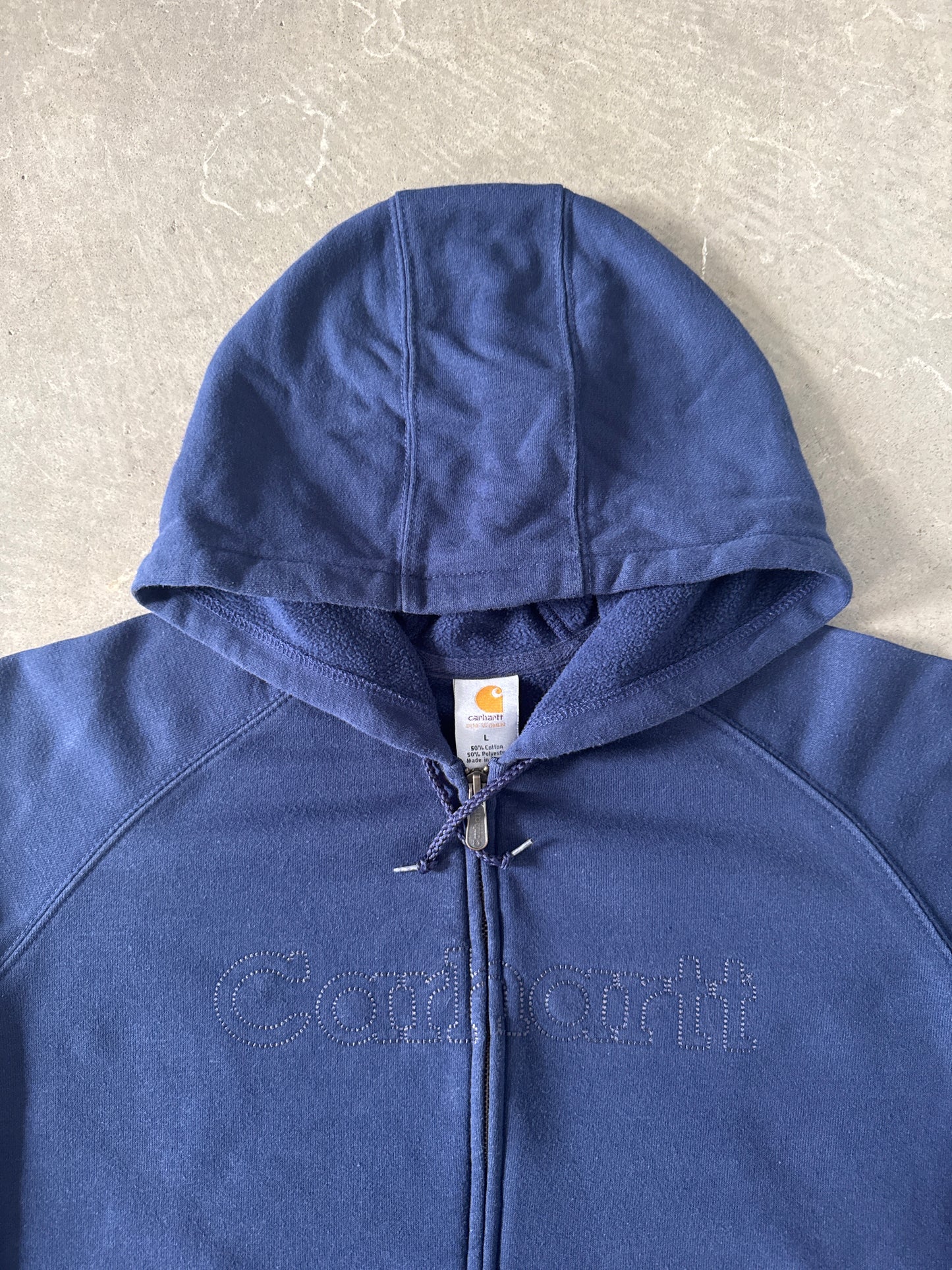 Vintage Women’s Carhartt Navy Stitched Logo Hooded Zip Up