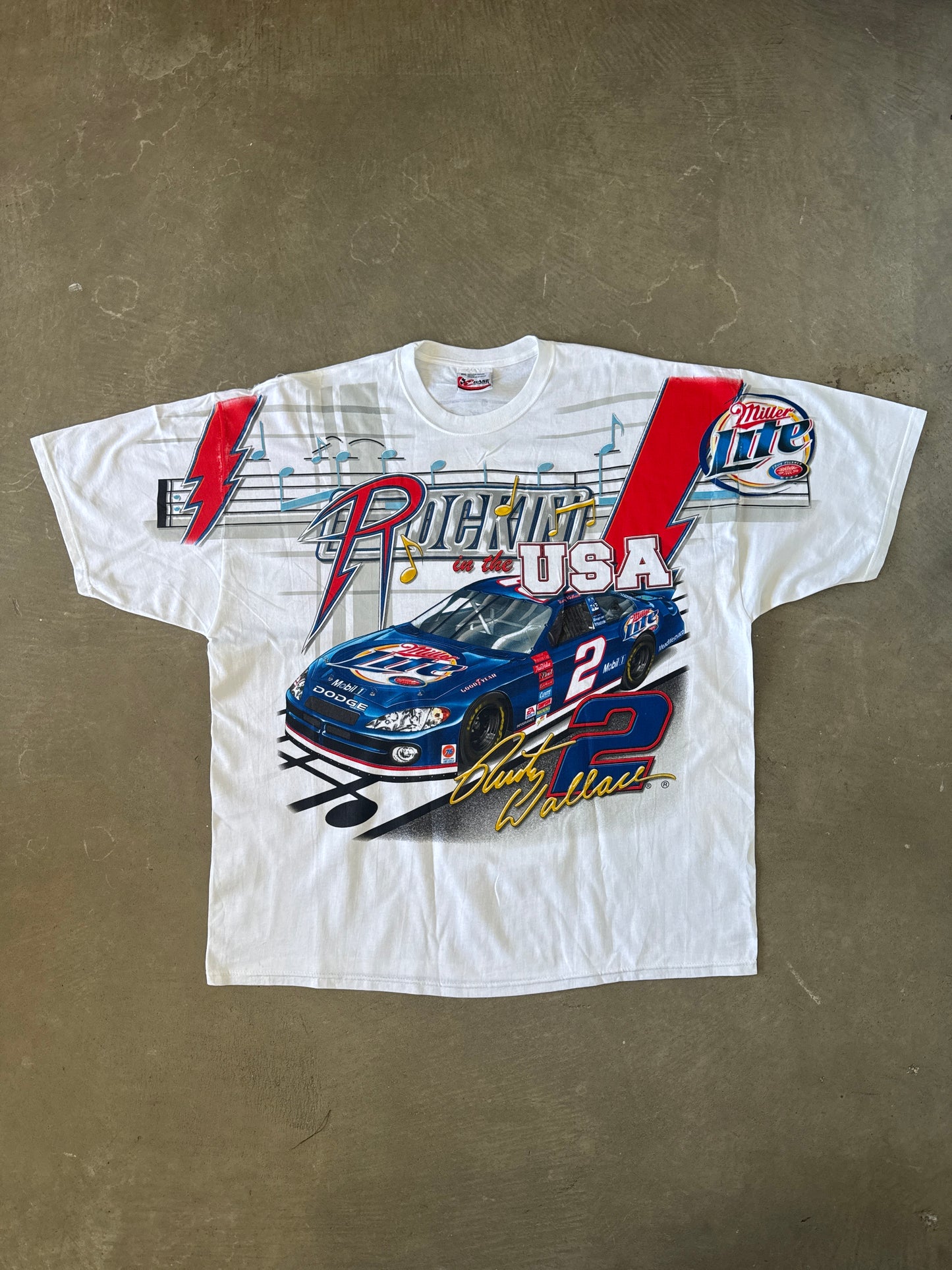Vintage 90s Chase Authentic’s Rusty Wallace Rockin In The USA All Over Print Tee