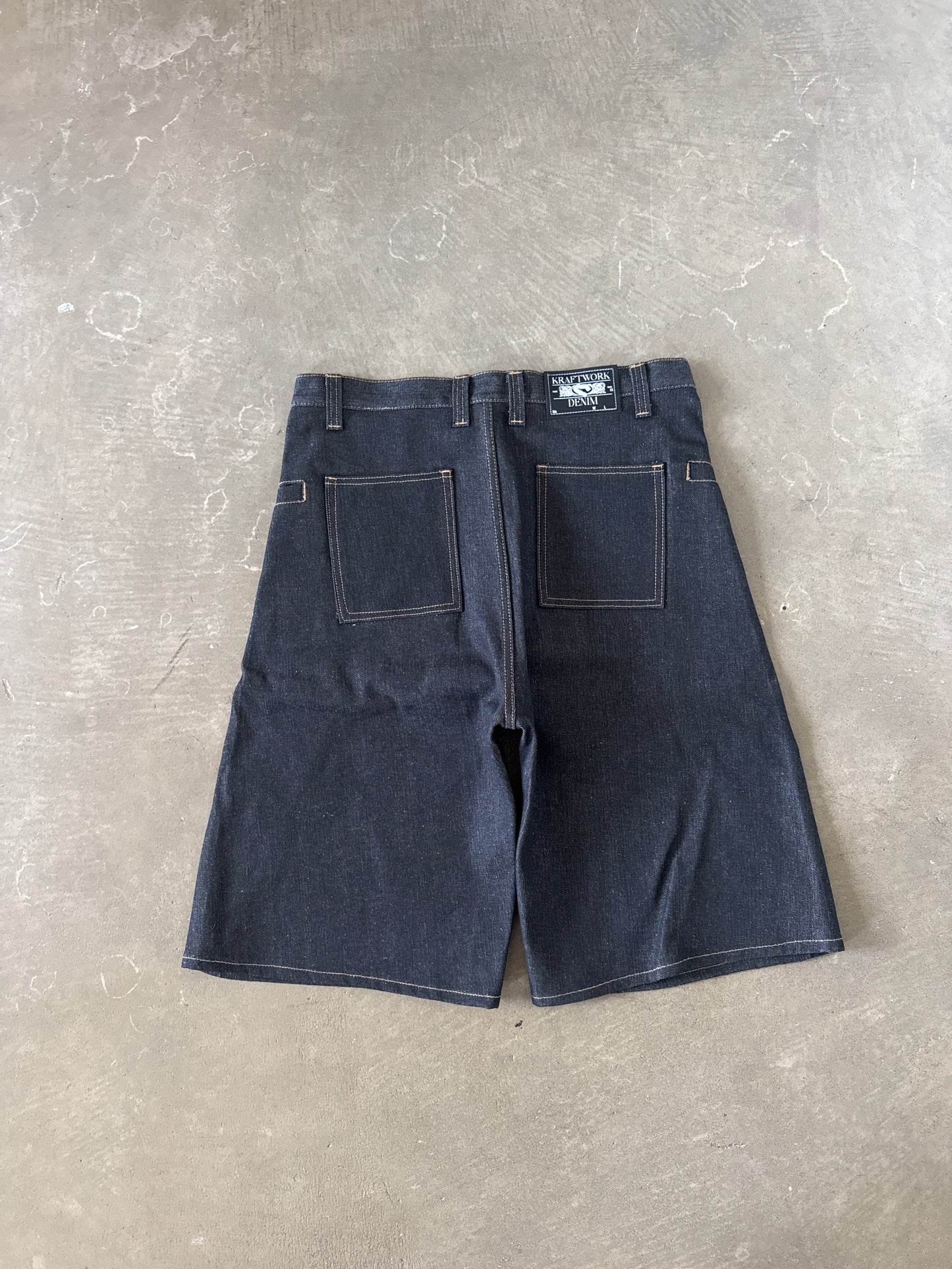 Kraftwork Uniform Raw Indigo Denim Cross Hatch Slub Baggy Shorts
