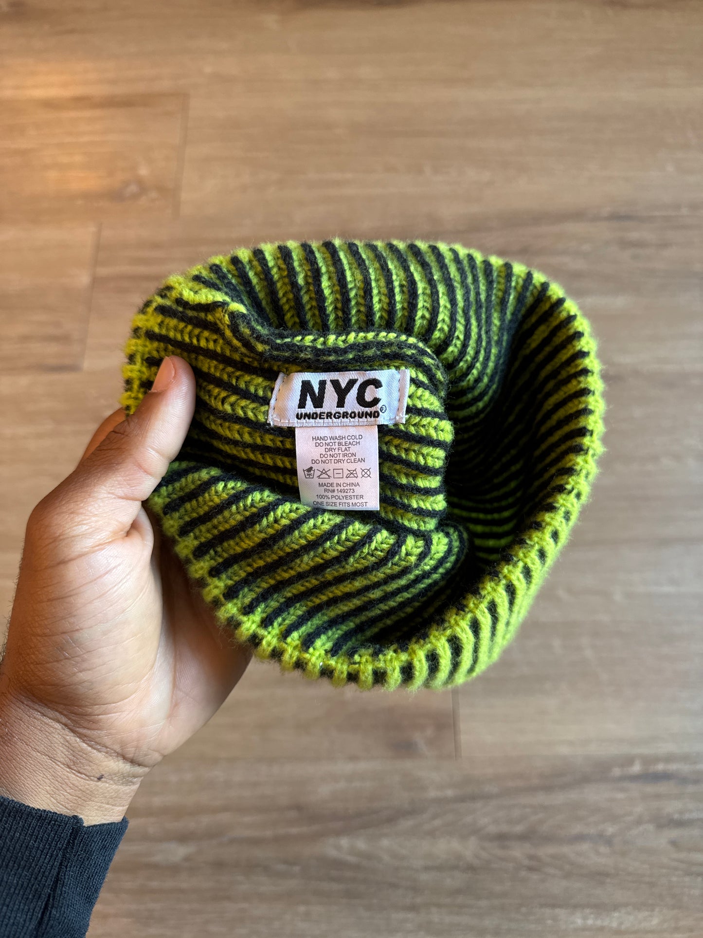 Vintage NYC Underground Coal Ribbed Knit Striped Beanie Hat
