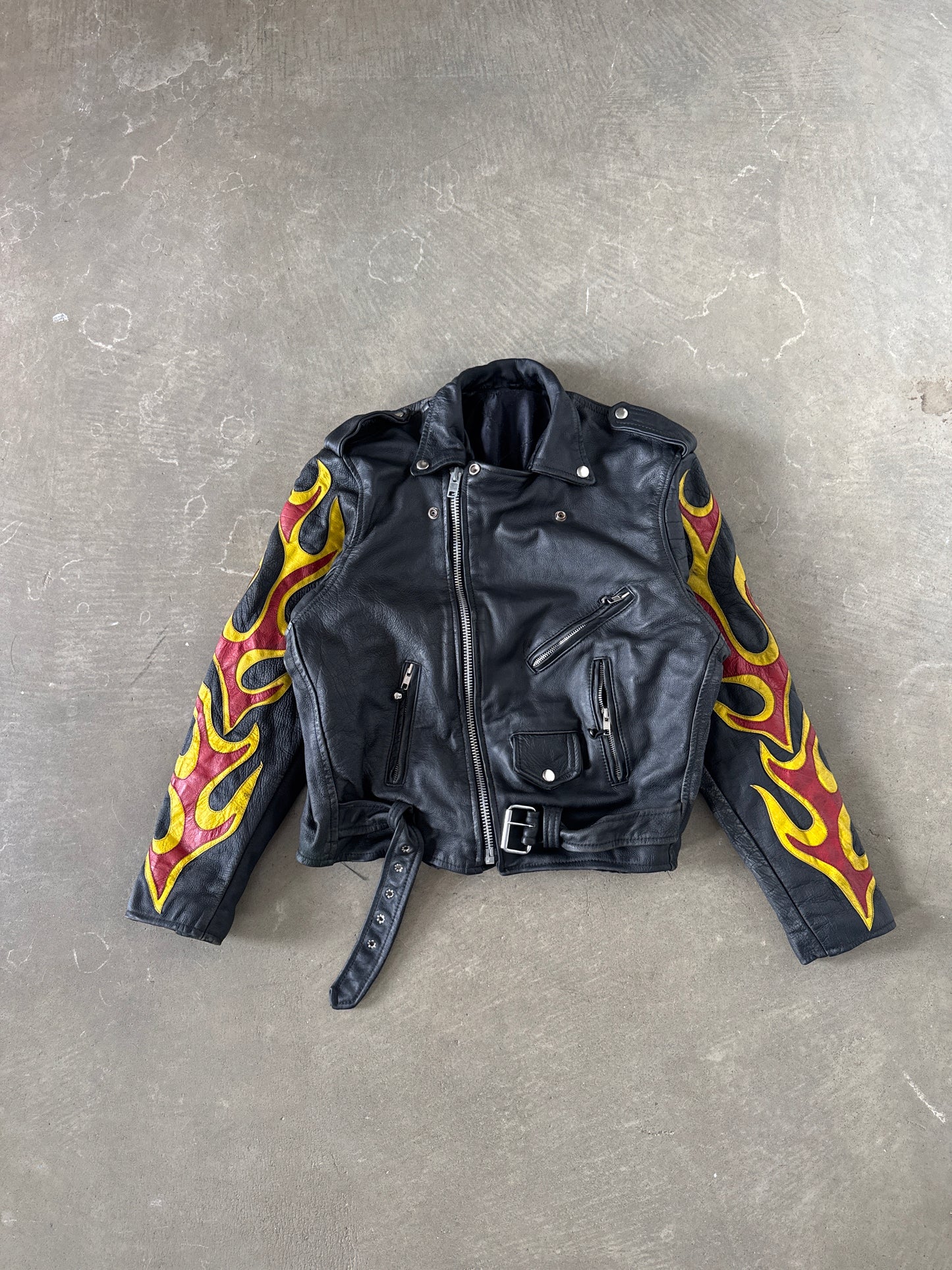 Vintage Real Leather Double Rider Flame Biker Jacket