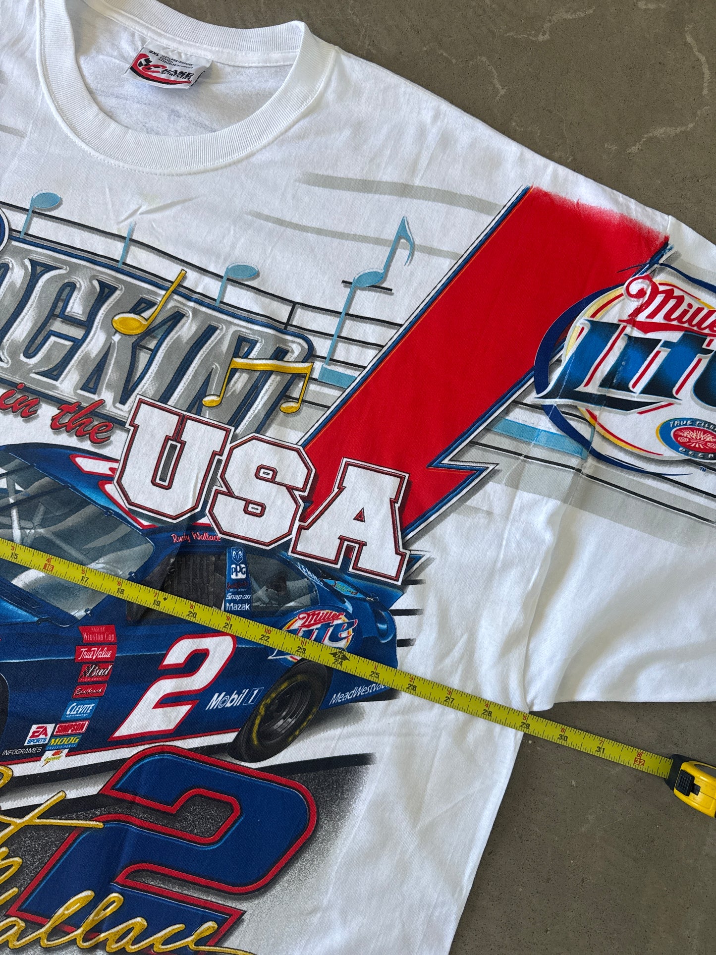 Vintage 90s Chase Authentic’s Rusty Wallace Rockin In The USA All Over Print Tee