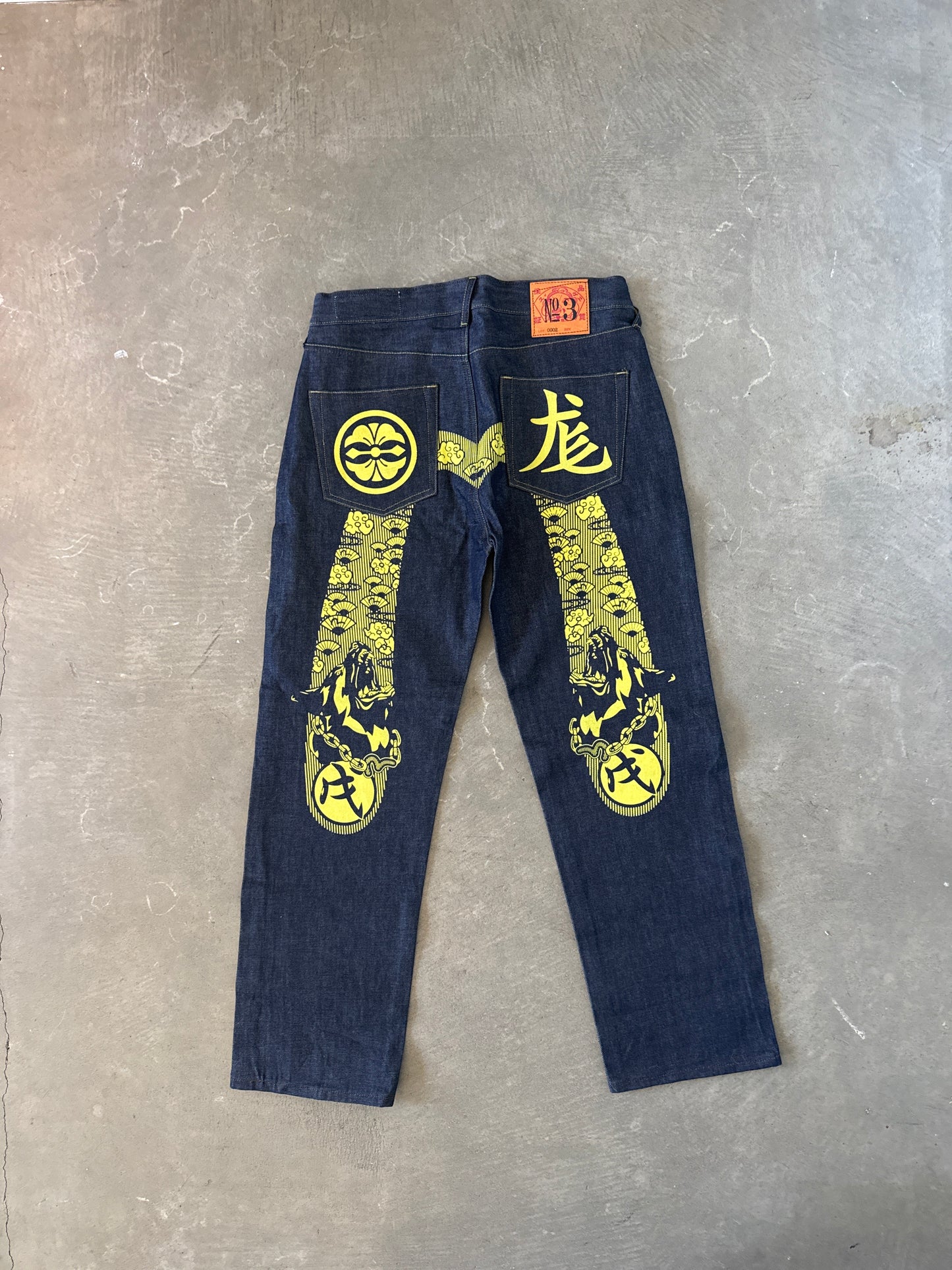 Evisu Embroidered Japanese Yellow Dog Art Salvage Denim Jeans
