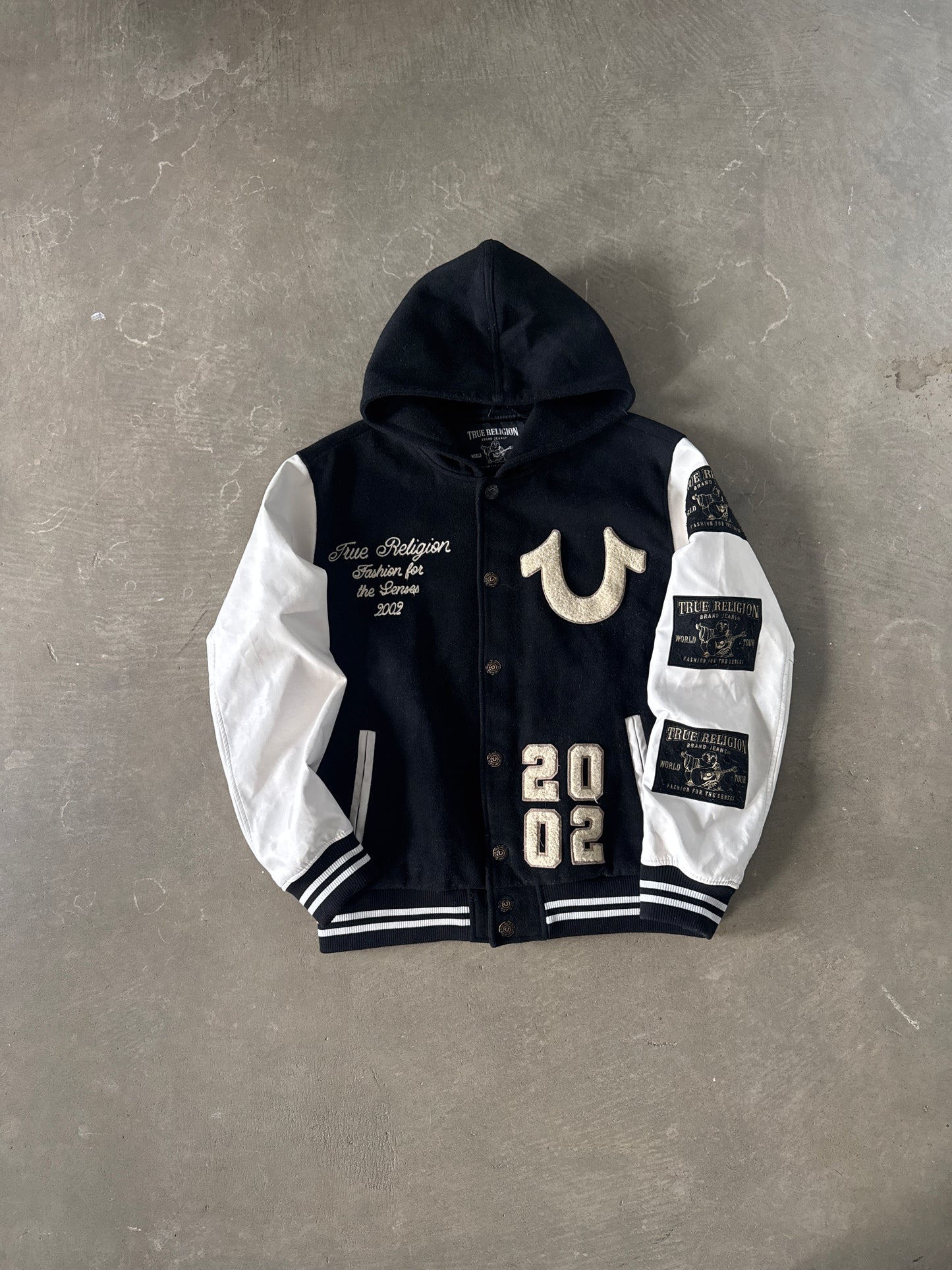 True Religion Black Patch Logo Wool Blend Bomber Jacket
