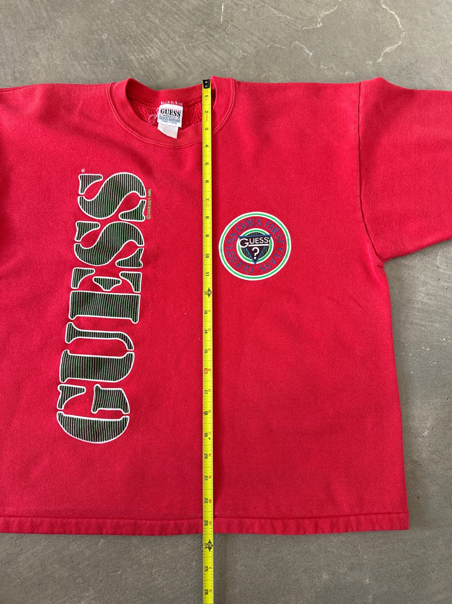 Vintage 1989 Guess USA Goes First Class Cropped Sweatshirt