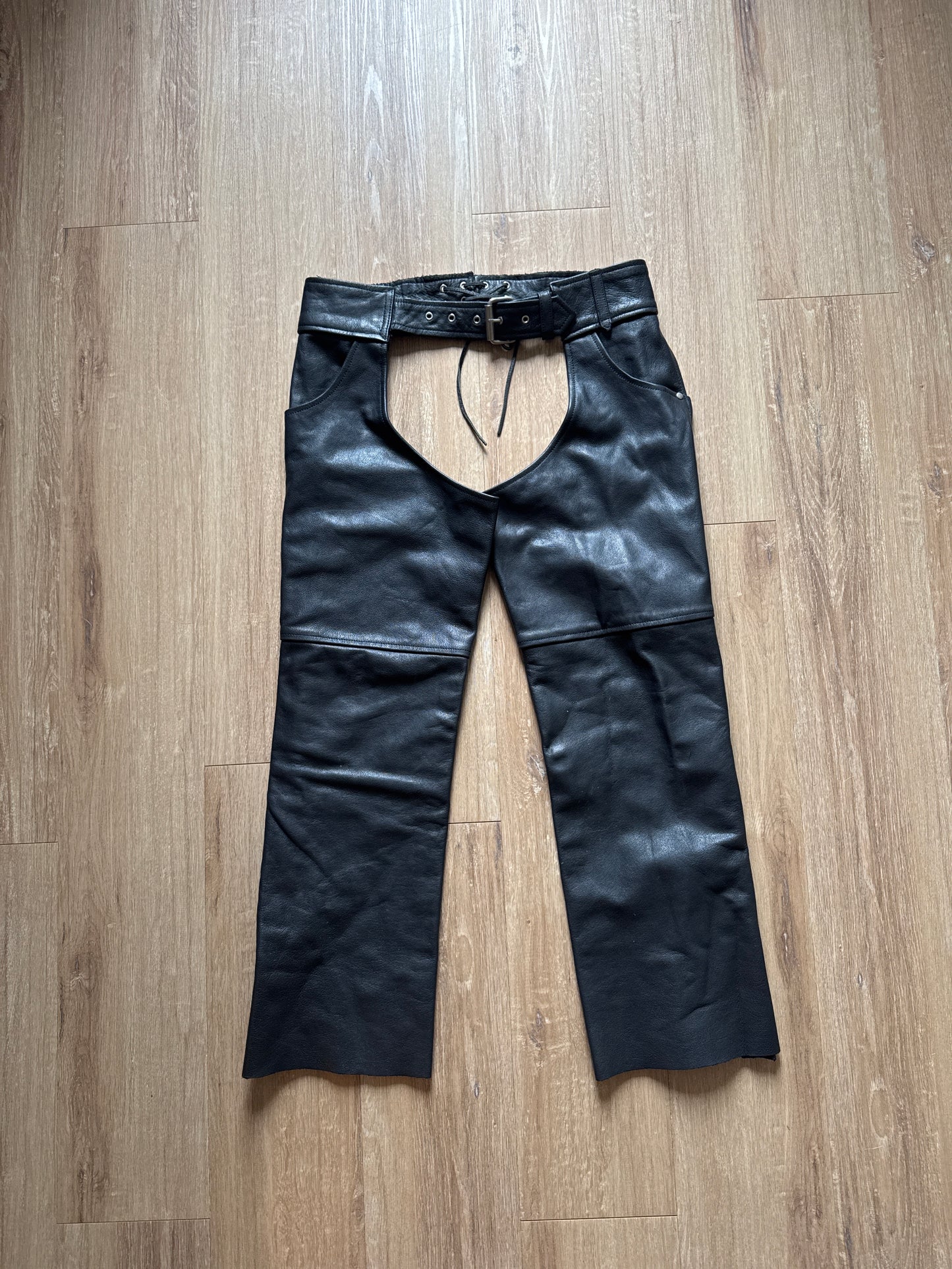 Vintage Leather Craft USA Black Leather Chaps Motorcycle Biker Pants