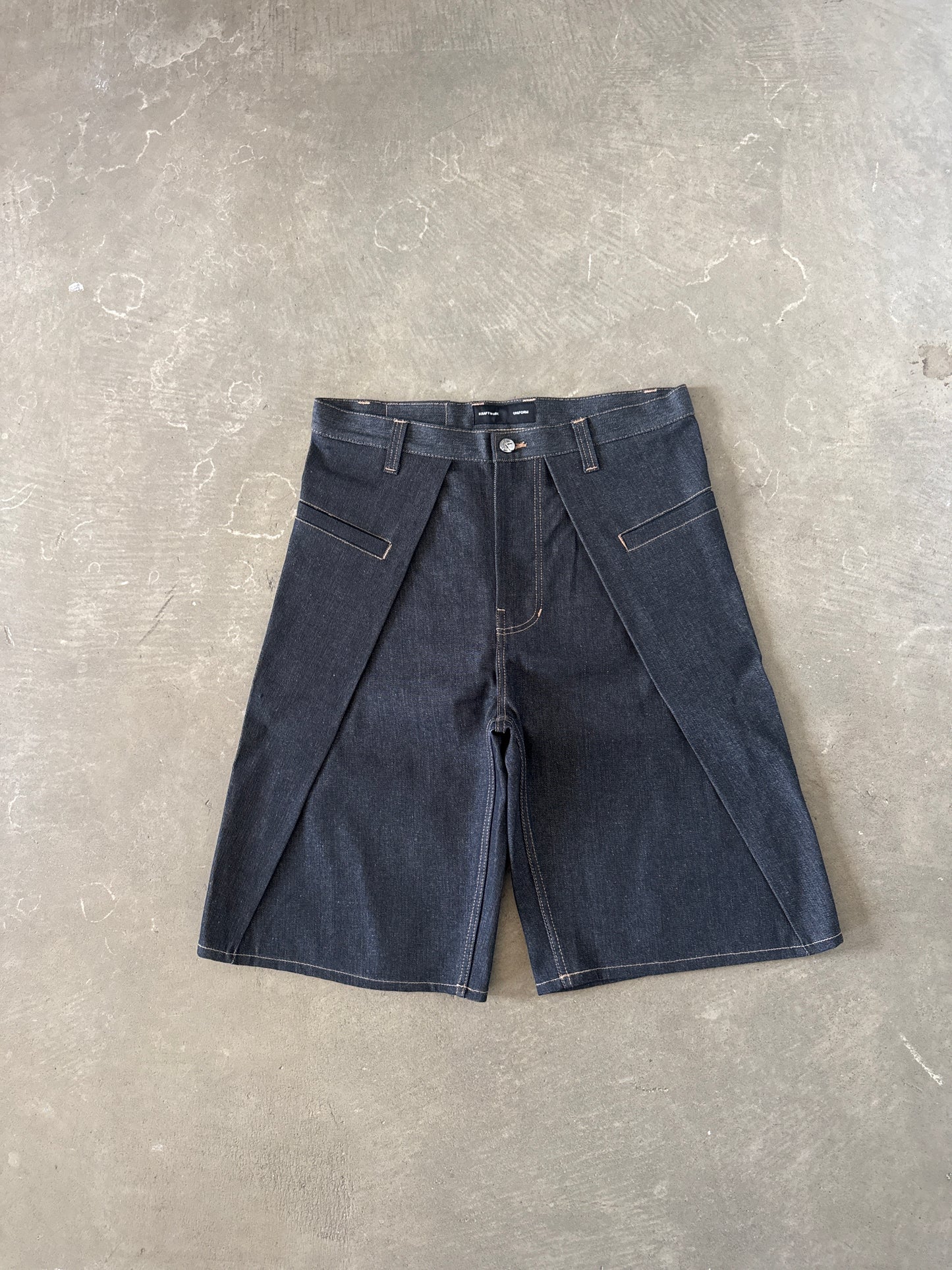 Kraftwork Uniform Raw Indigo Denim Cross Hatch Slub Baggy Shorts