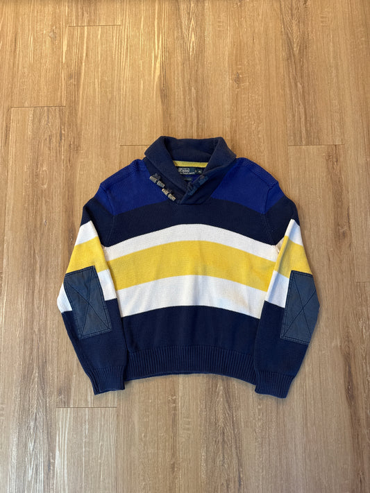 Vintage Polo Ralph Lauren Toggle Shawl Blue Navy Cotton Elbow-Patches Sweater