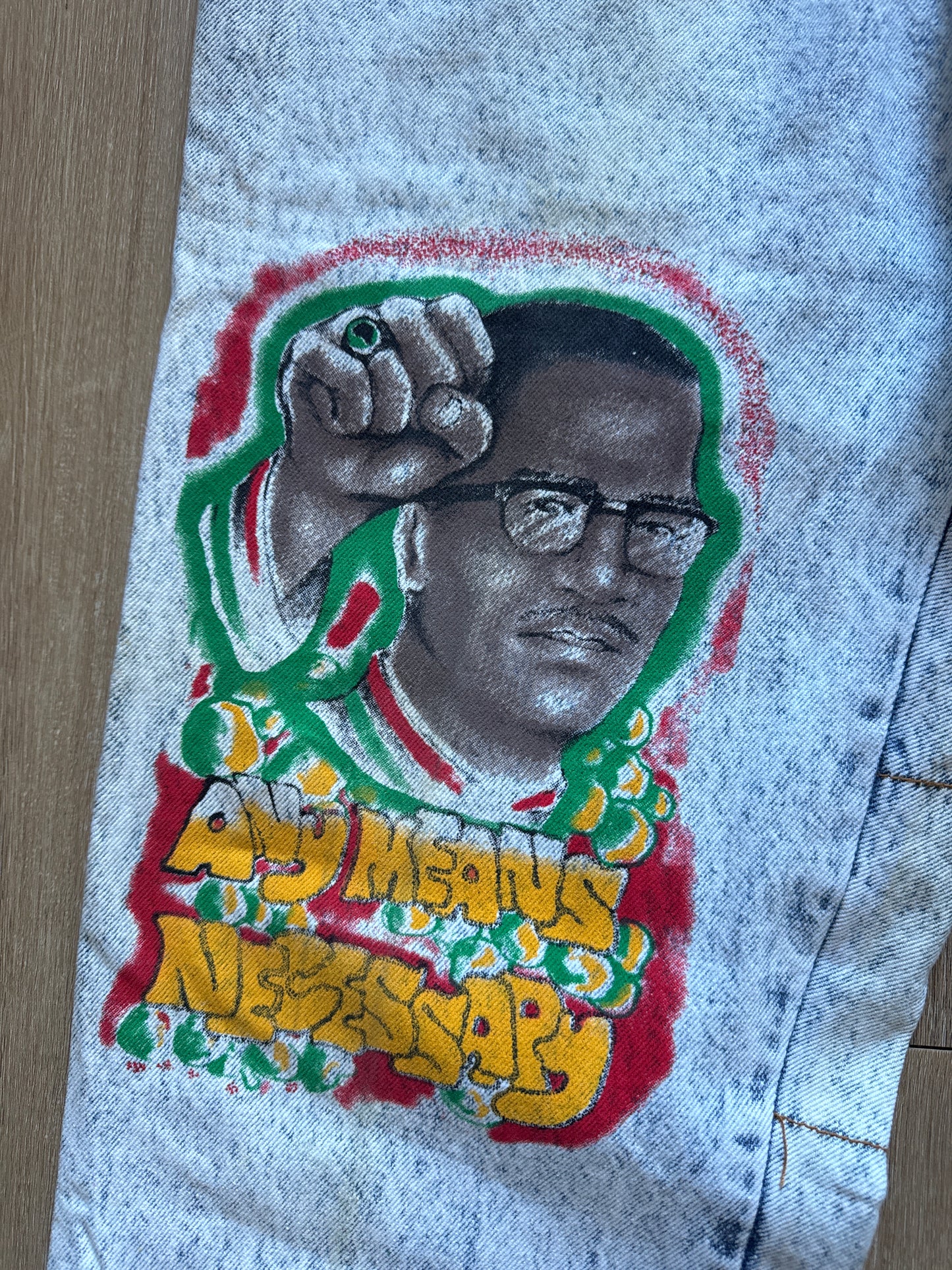 Vintage 90s B-29 Bomber Malcolm X By Ant Means Necessary Light Washed Denim Patched Jeans