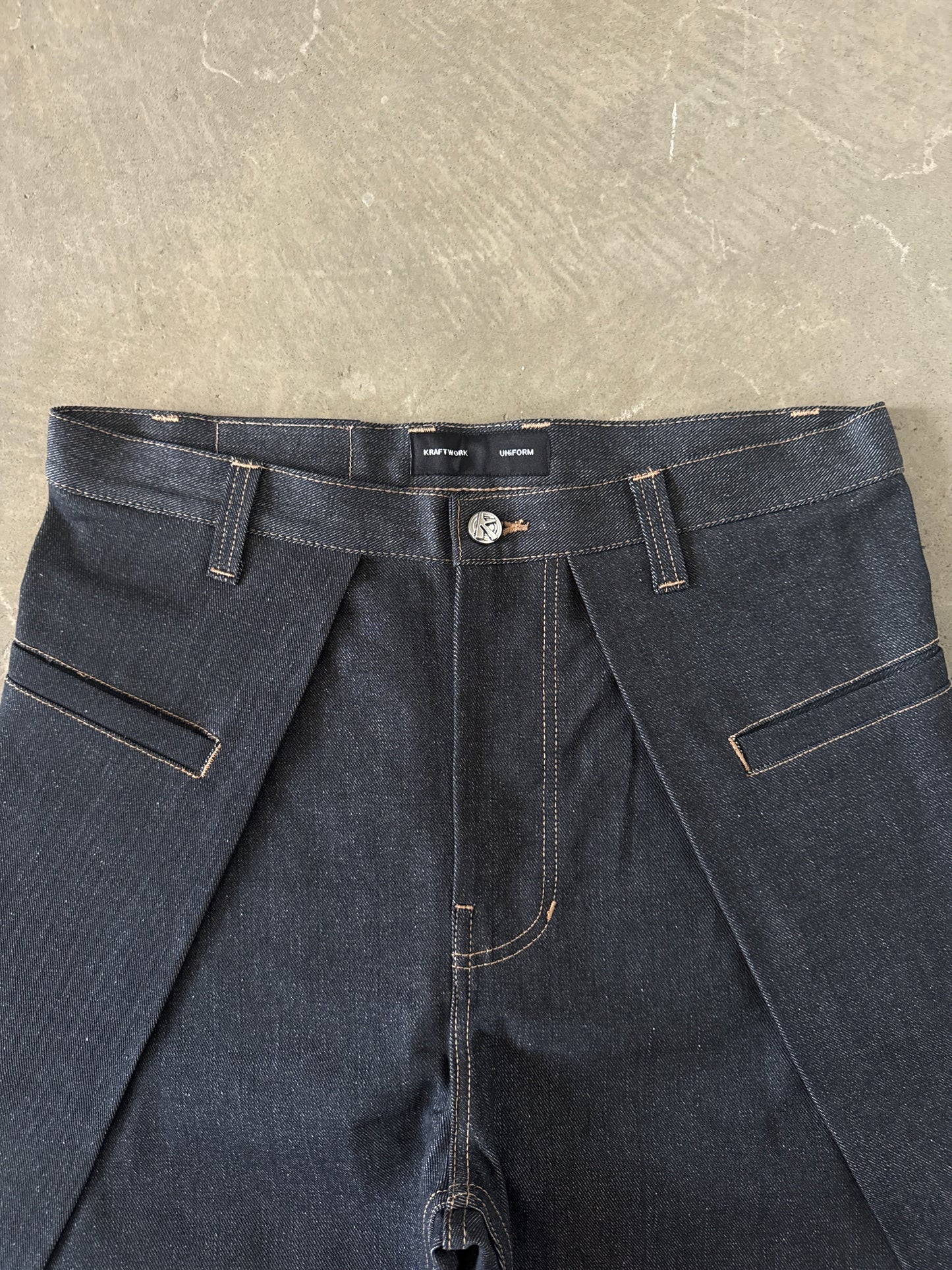 Kraftwork Uniform Raw Indigo Denim Cross Hatch Slub Baggy Shorts