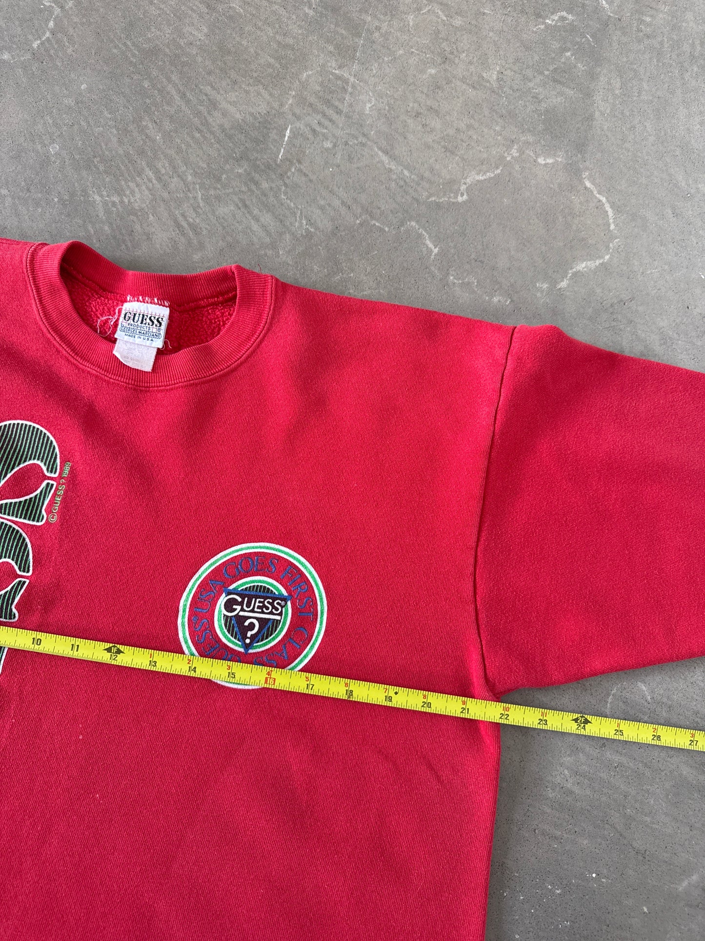 Vintage 1989 Guess USA Goes First Class Cropped Sweatshirt