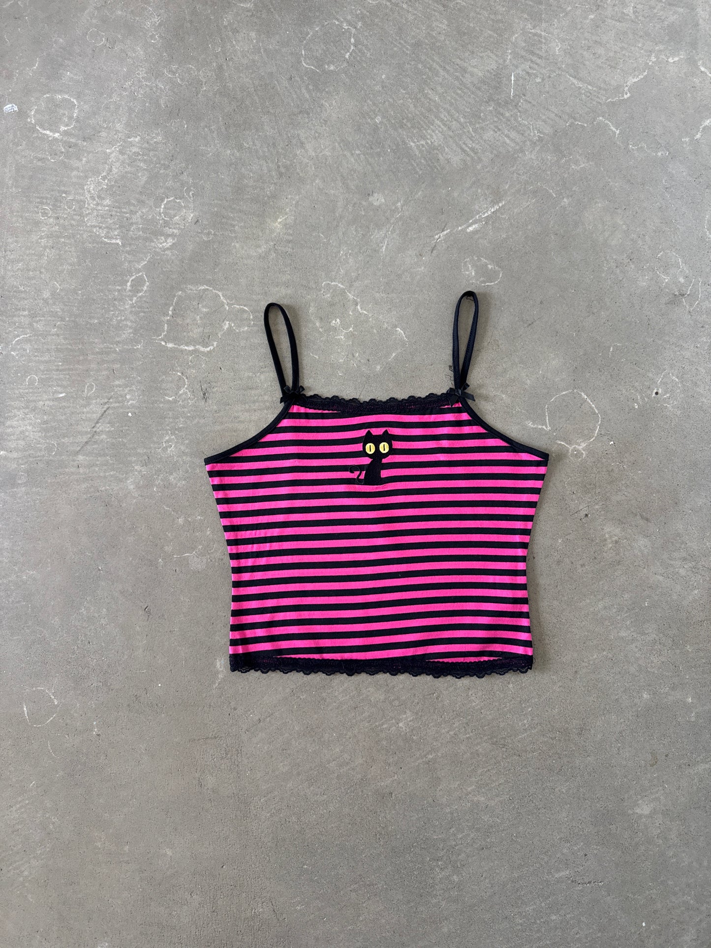 Romwe Women's Y2K Lace Striped Cami Crop Cat Embroidery Tank Top