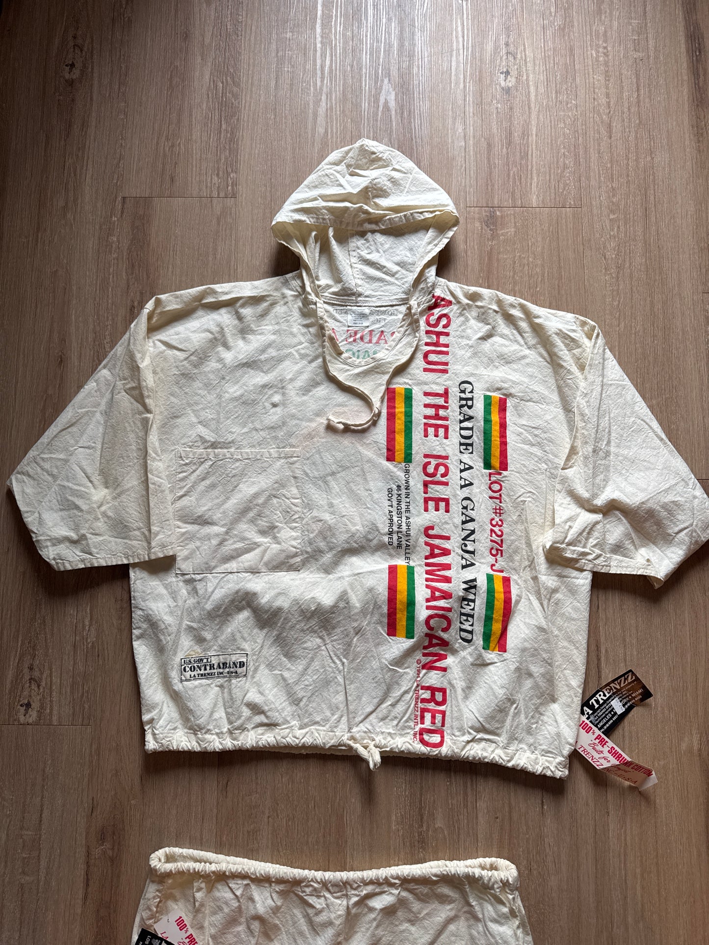 Vintage 1991 La Trenzz Jamaican Ganja Weed Ashui Red Rasta Reggie Hooded Shirt & Shorts Set