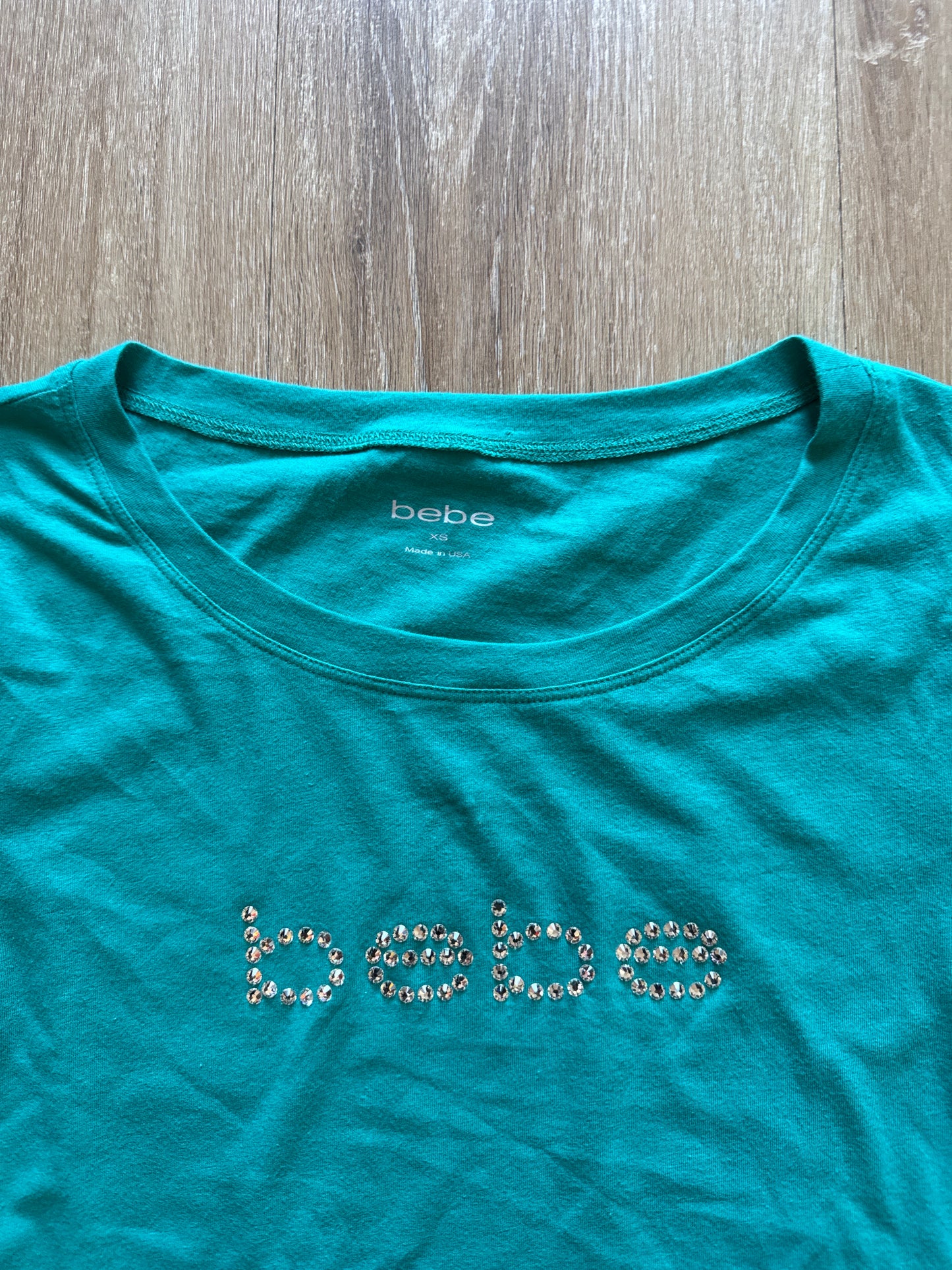 Y2K Women’s Bebe Bedazzled Teal Blue Logo Tee