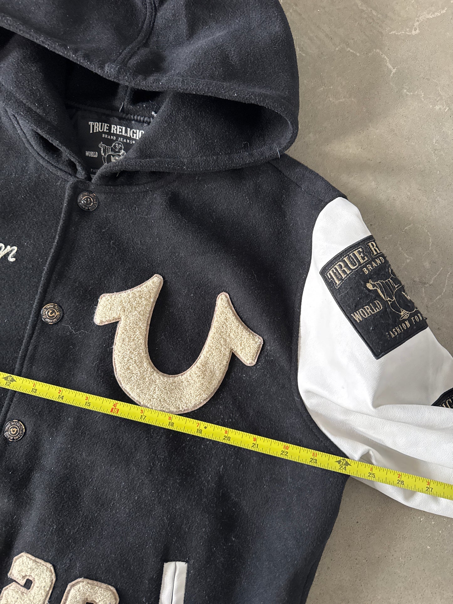 True Religion Black Patch Logo Wool Blend Bomber Jacket