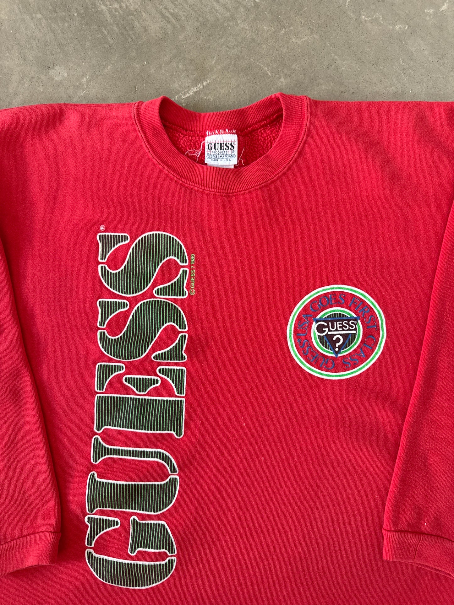 Vintage 1989 Guess USA Goes First Class Cropped Sweatshirt