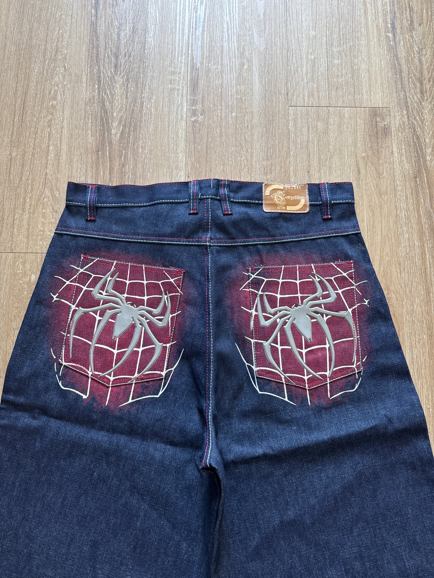 Vintage 90s Y2k Dead Stock Baggy Wide Leg Rare Grail Competition Spider Man Dark Wash Blue Denim Jorts
