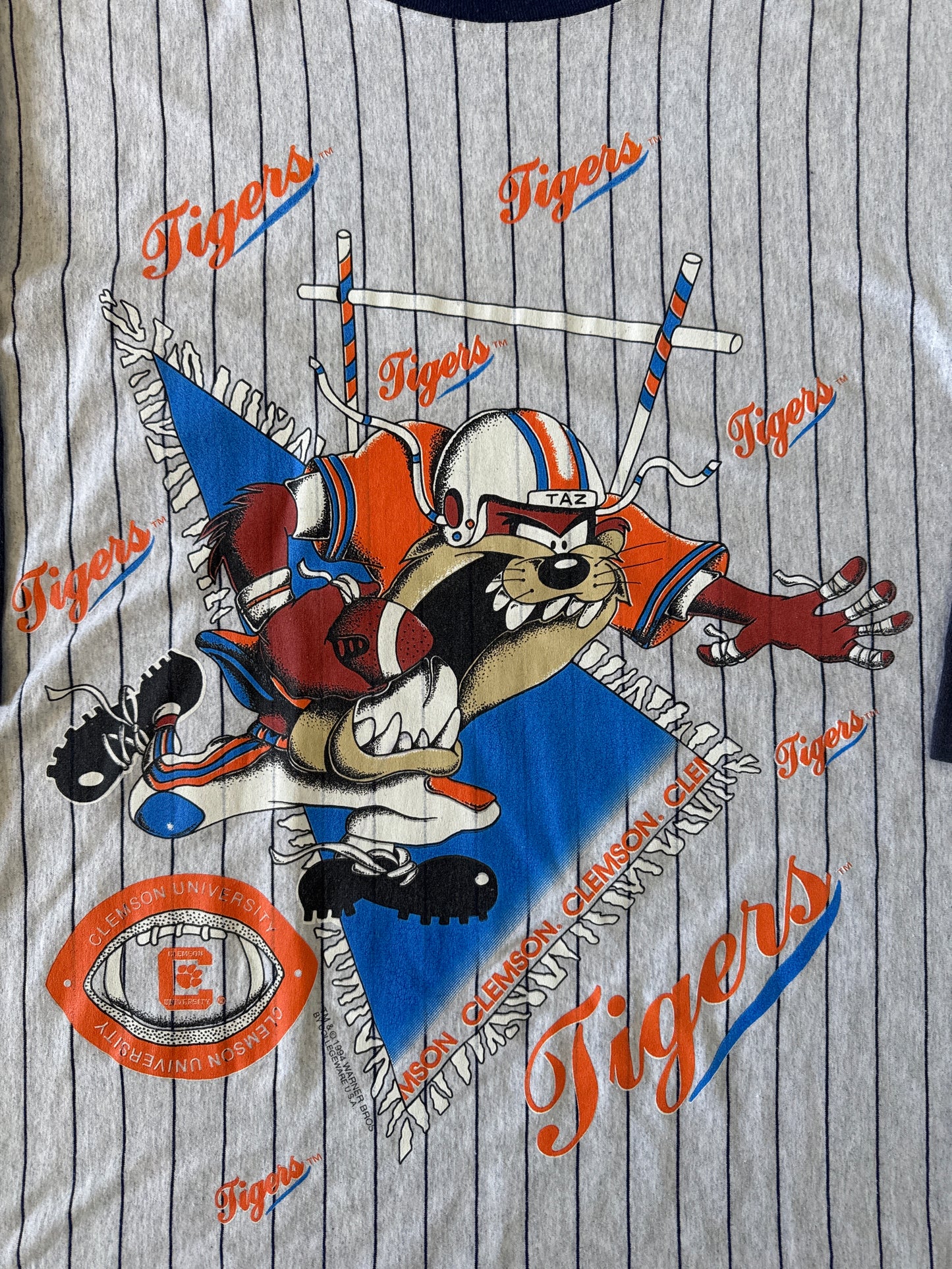 Vintage 1994 Warner Bros Taz University Of Clemson Tigers Raglan Pin Stripe Football Tee