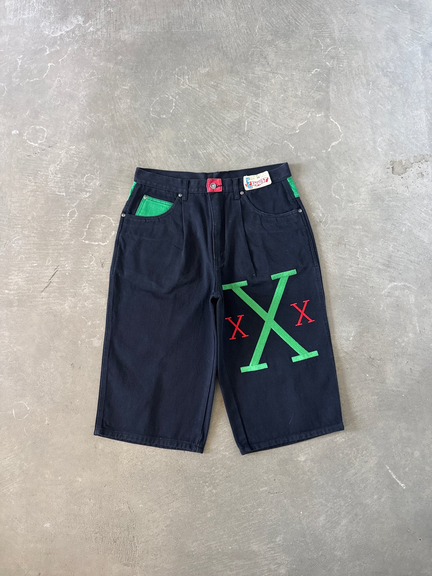Vintage 90s Exhaust Malcolm X Embroidered Black Denim Shorts