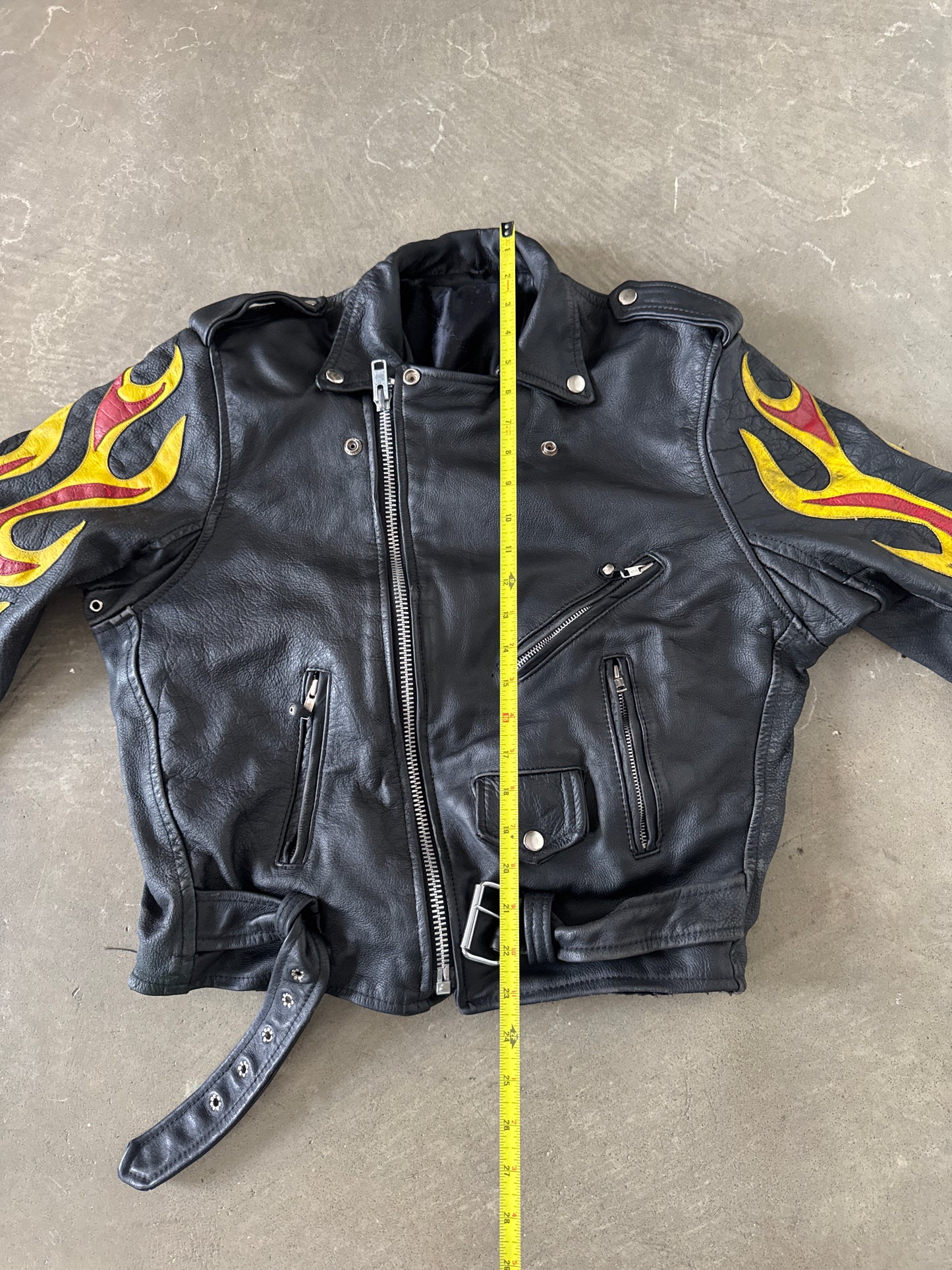 Vintage Real Leather Double Rider Flame Biker Jacket