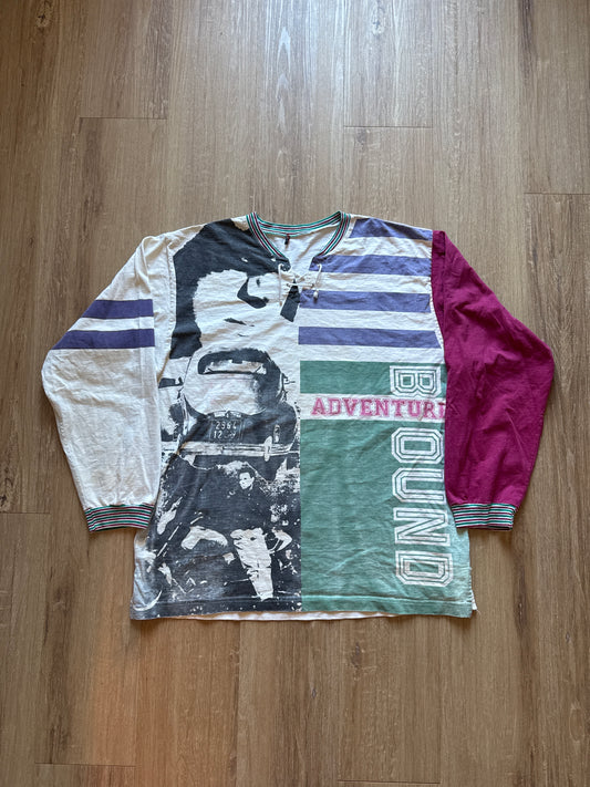 Vintage 90s Patchwork Graphic Adventure Bound Lace Up Long Sleeve Tee