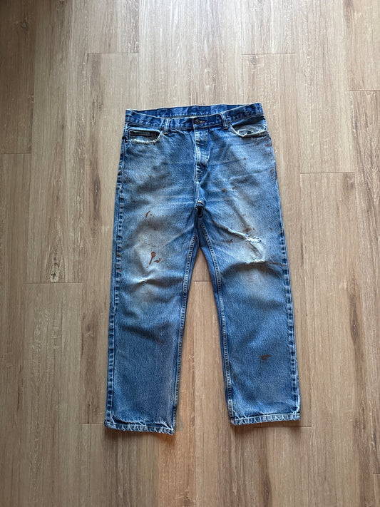 Vintage Distressed Paint Splatter Blue Denim Jeans