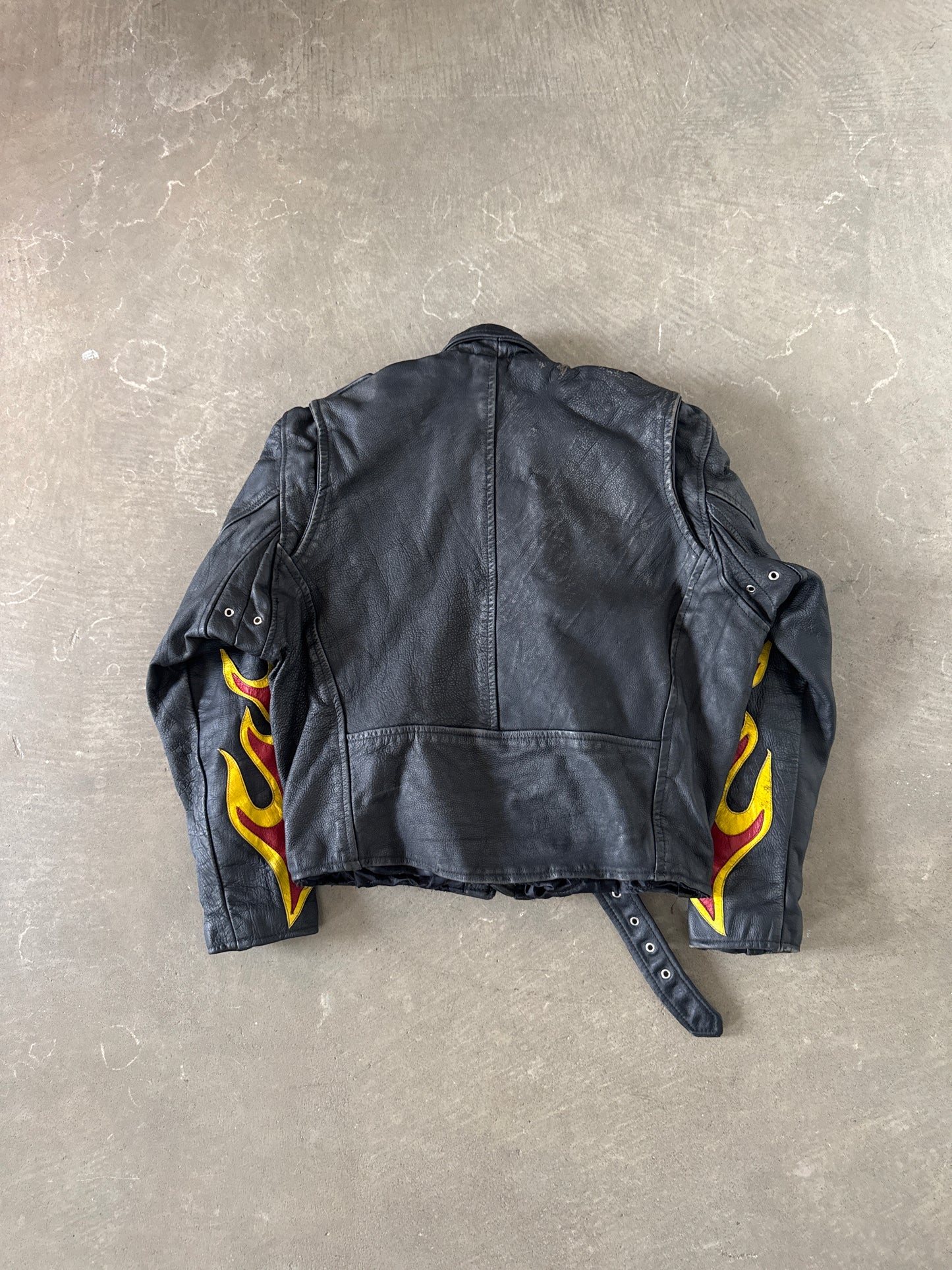 Vintage Real Leather Double Rider Flame Biker Jacket