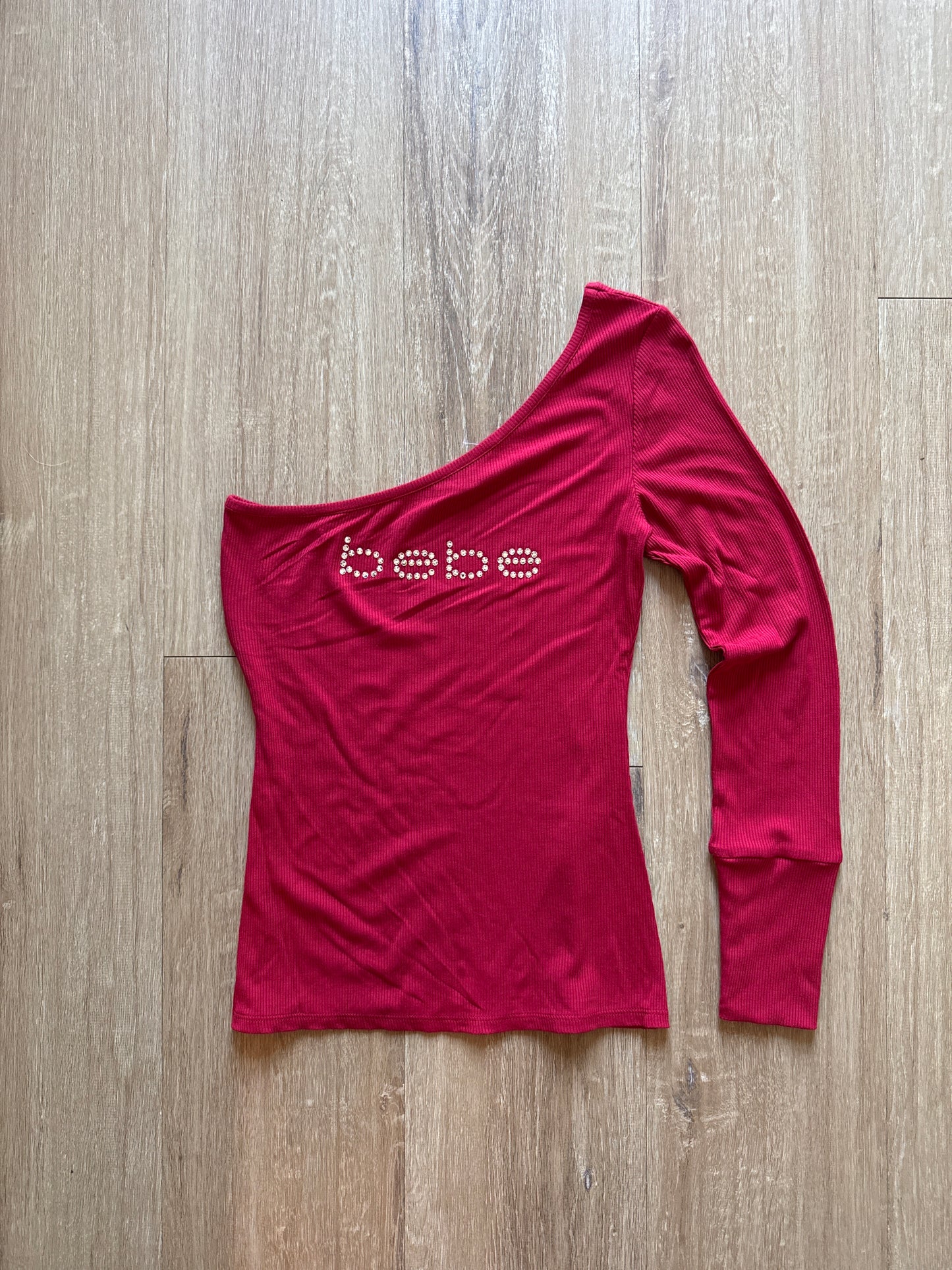 Y2K Women’s Bebe Bedazzled Off The Shoulder Red Logo Longsleeve Tee