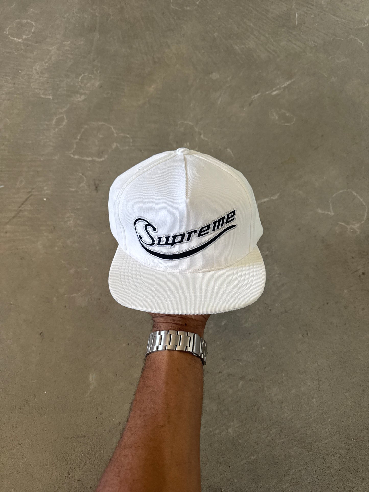 Supreme Metallic Logo Corduroy 5-Panel White Snapback Hat