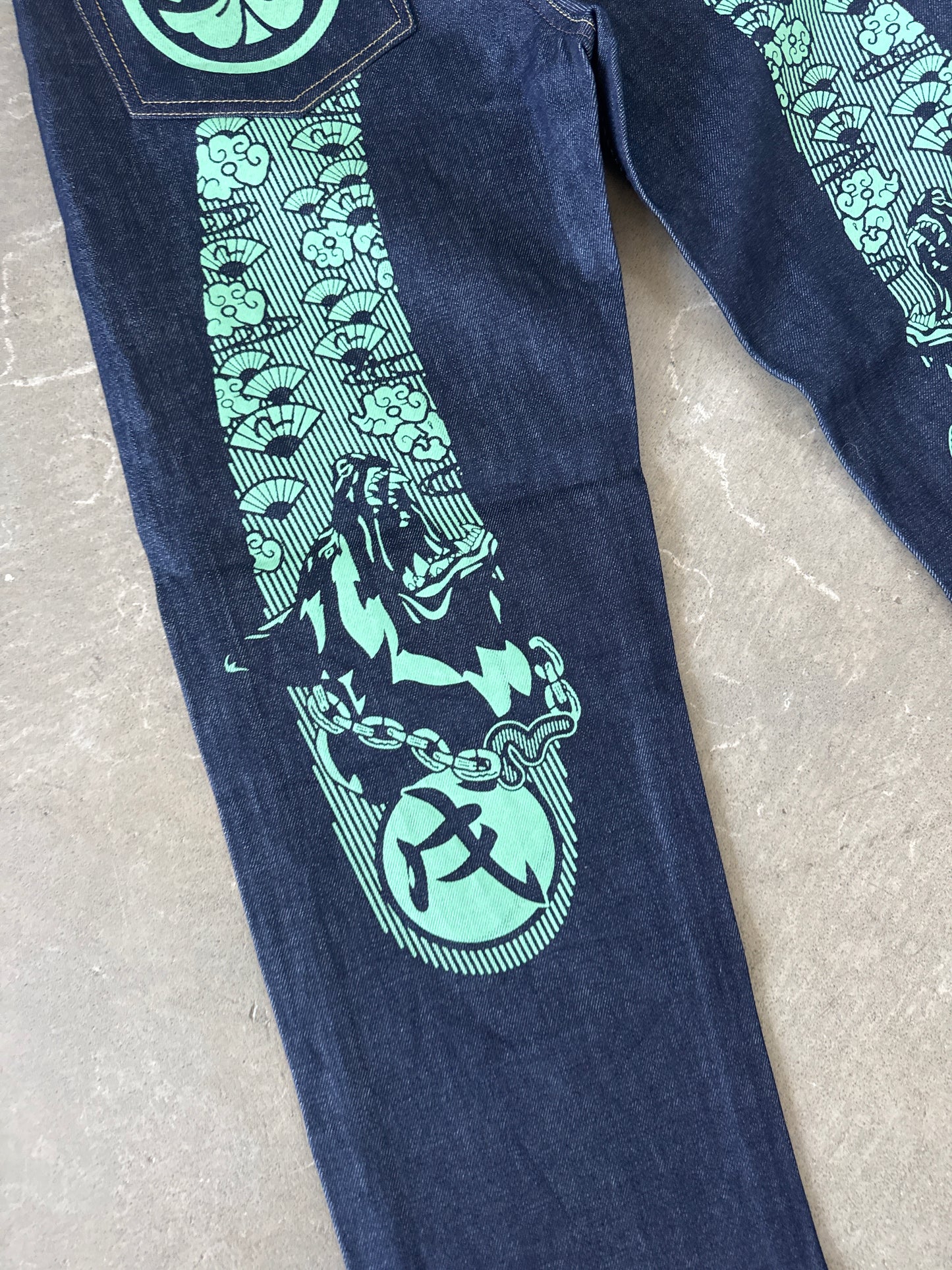 Evisu Green Dog Japanese Art Selvedge Denim Jeans