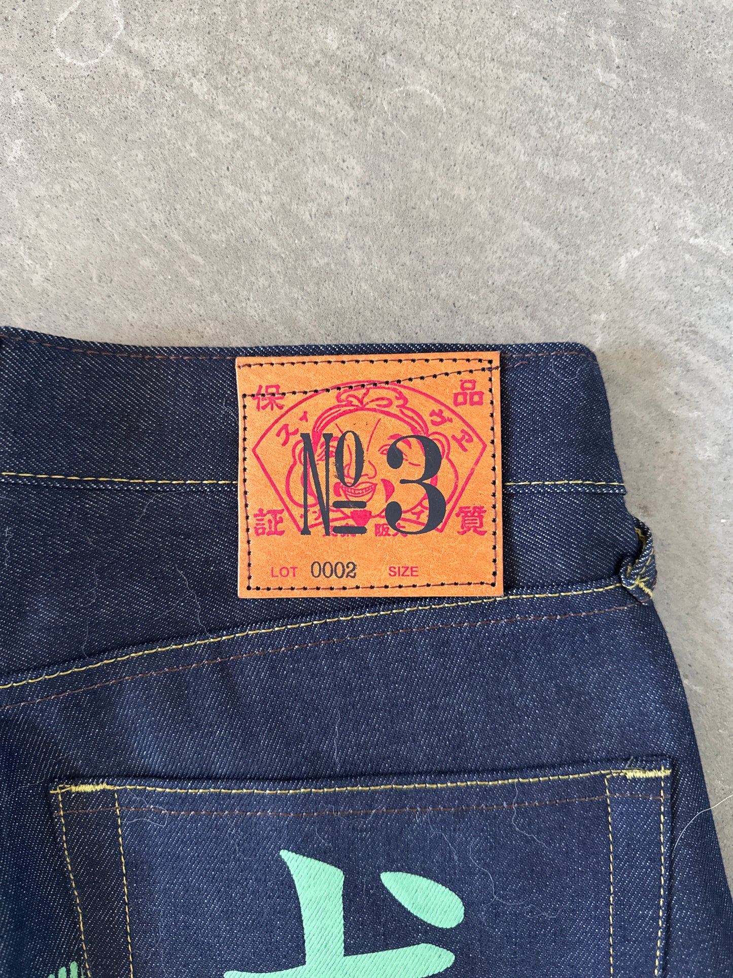 Evisu Embroidered Japanese Green Dog Art Salvage Denim Jeans