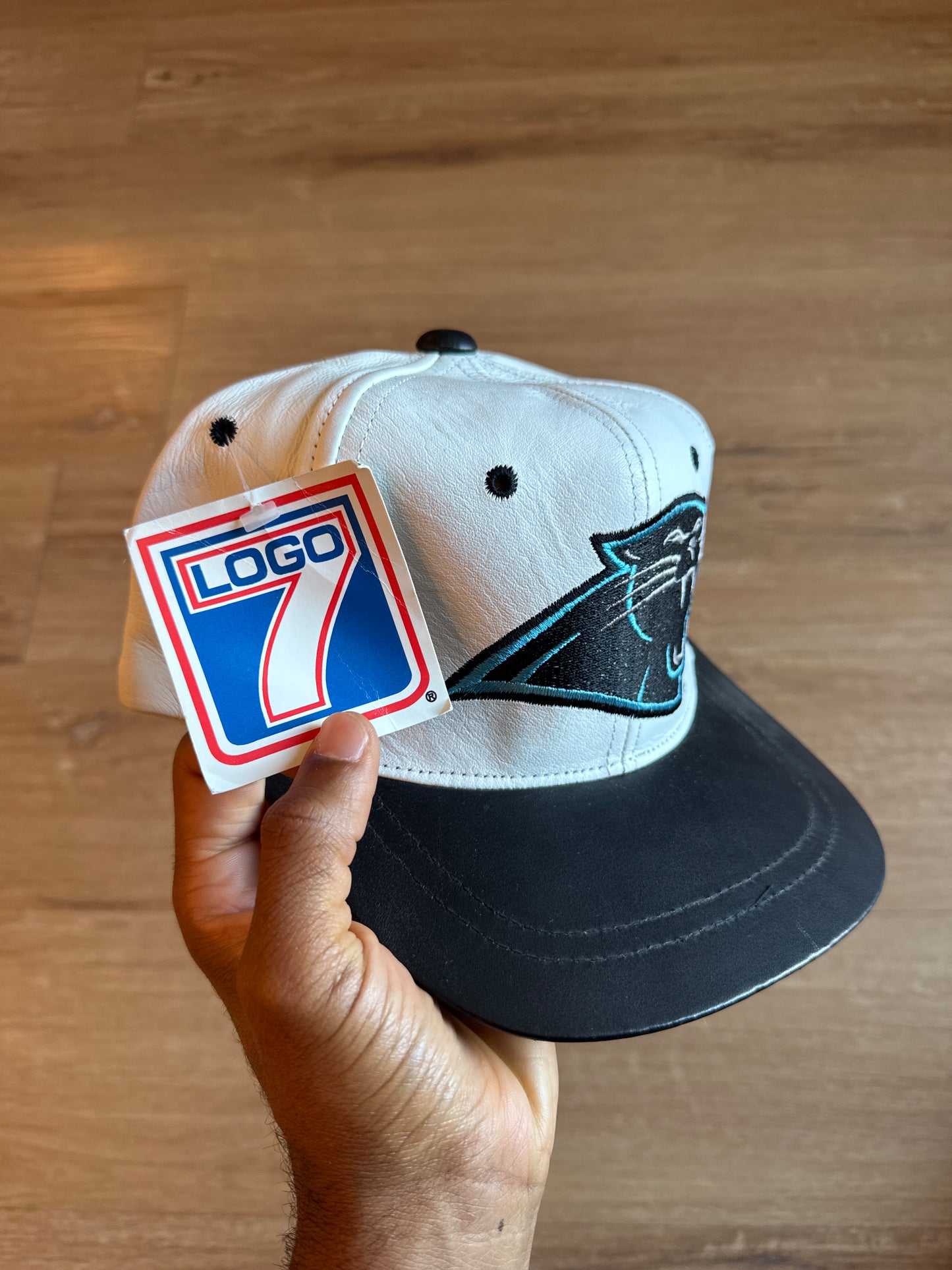 Vintage Logo 7 Carolina Panthers Leather Strap Back Hat