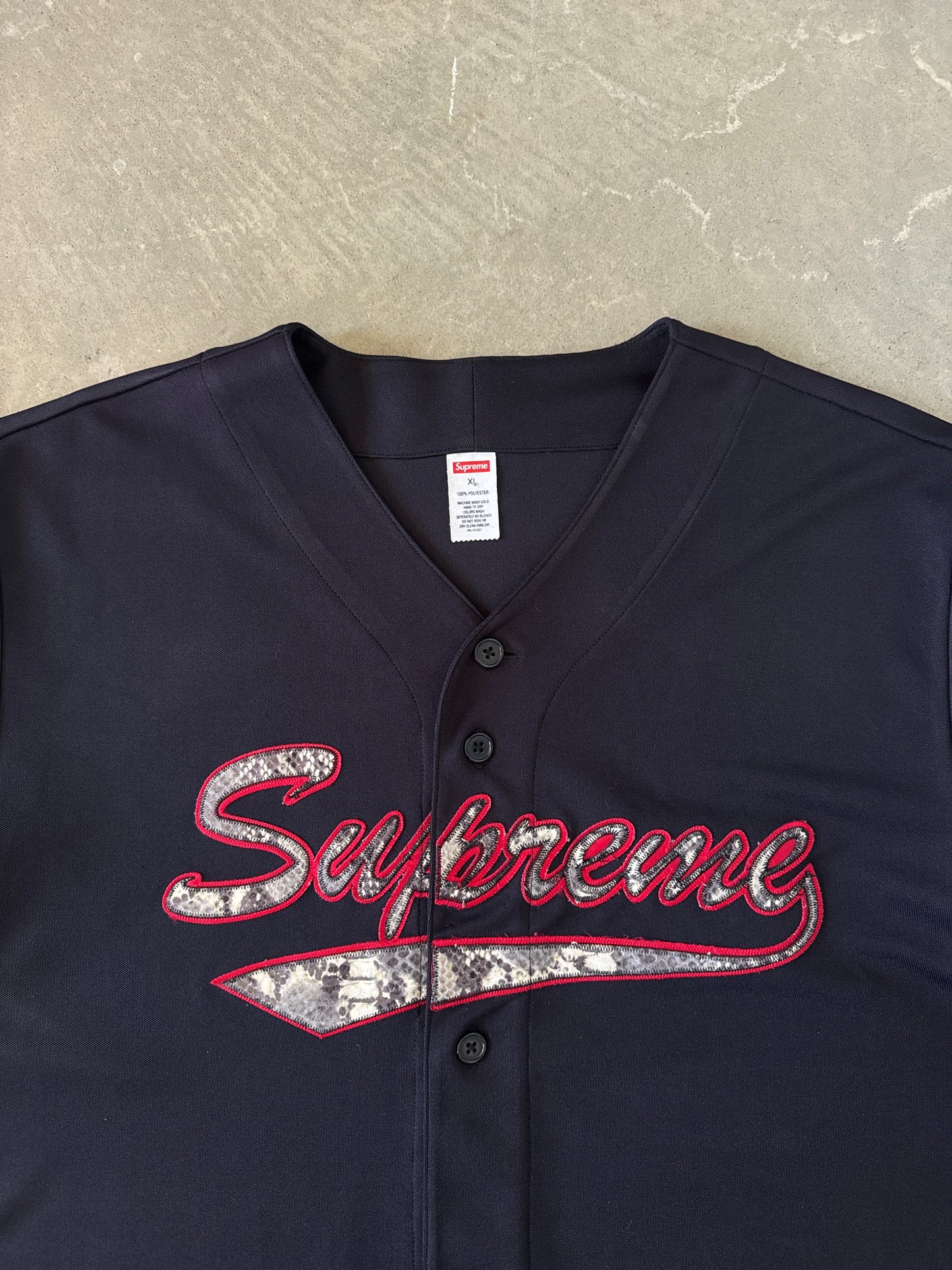 Supreme Snake Script Logo Black Baseball Jersey