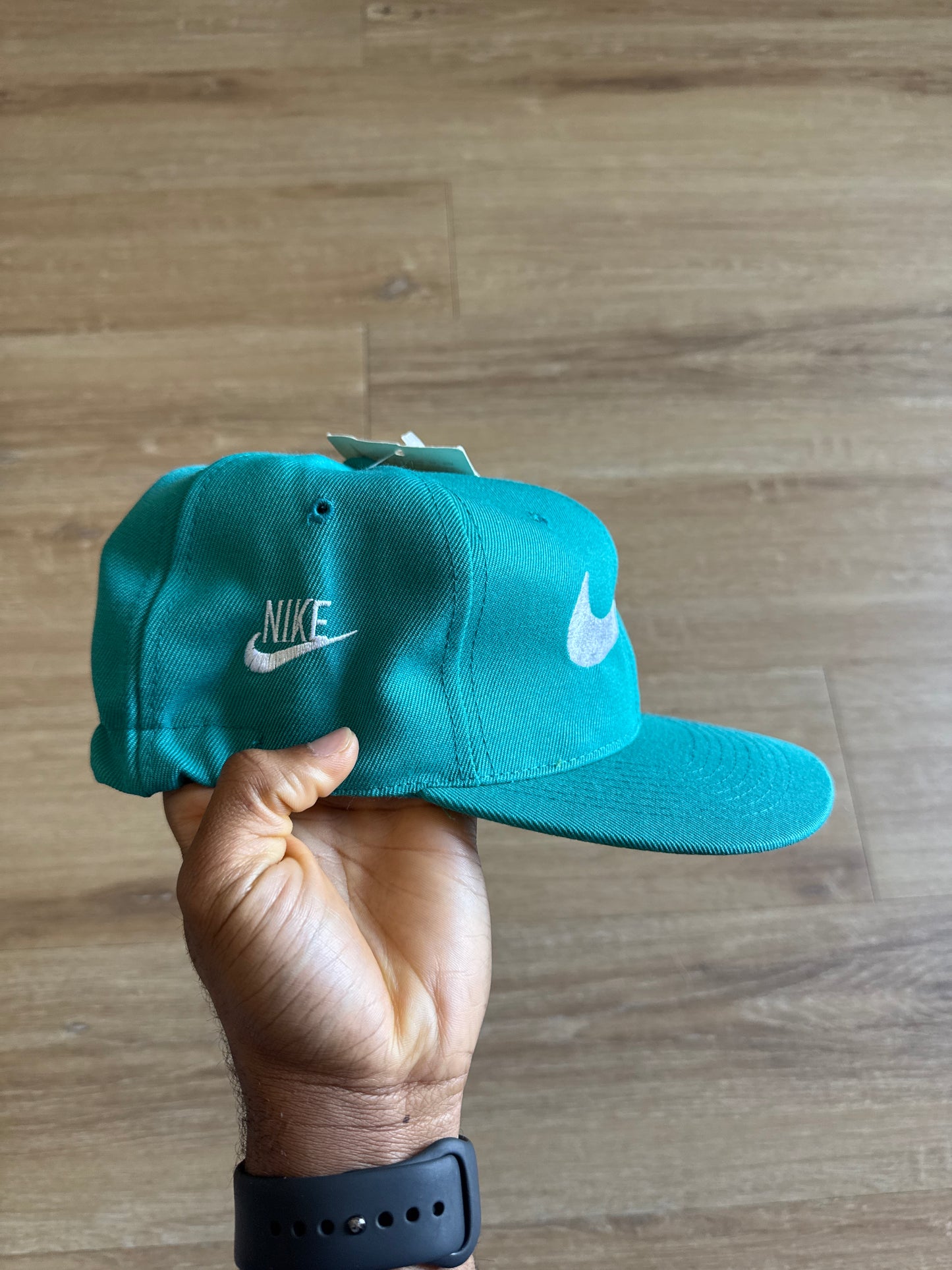 Vintage 90s Nike Logo Teal Elastic Fitted Hat