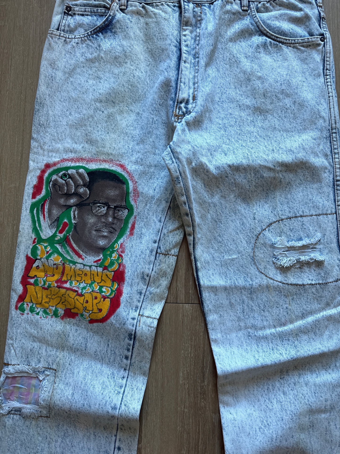 Vintage 90s B-29 Bomber Malcolm X By Ant Means Necessary Light Washed Denim Patched Jeans