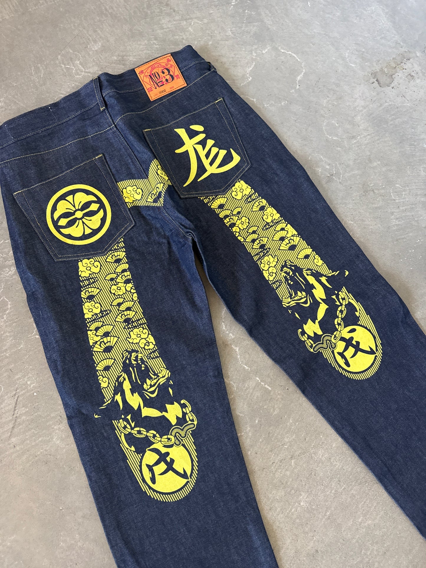 Evisu Embroidered Japanese Yellow Dog Art Salvage Denim Jeans