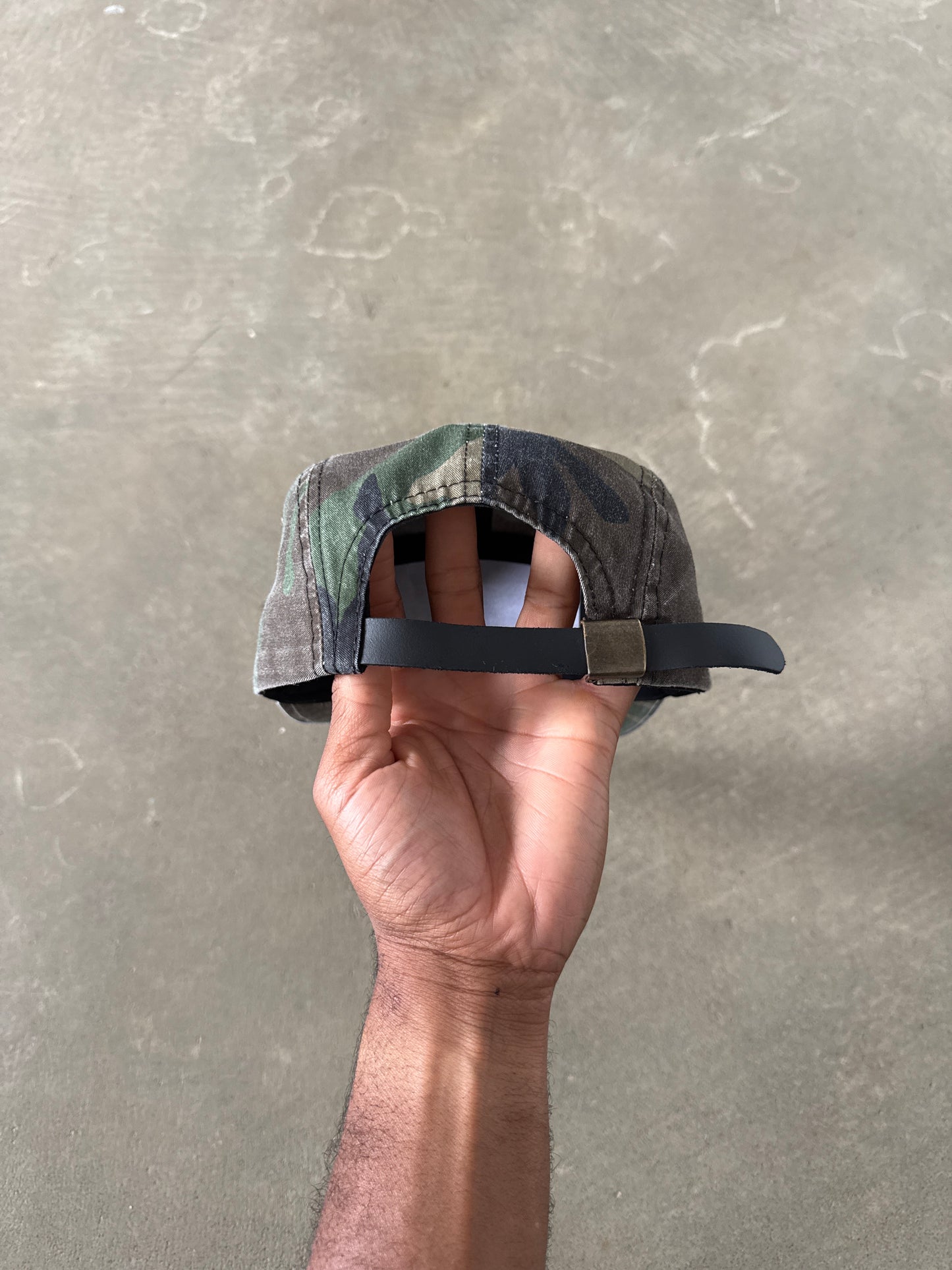 Vintage Military Camo 5-Panel Leather Strapback Hat