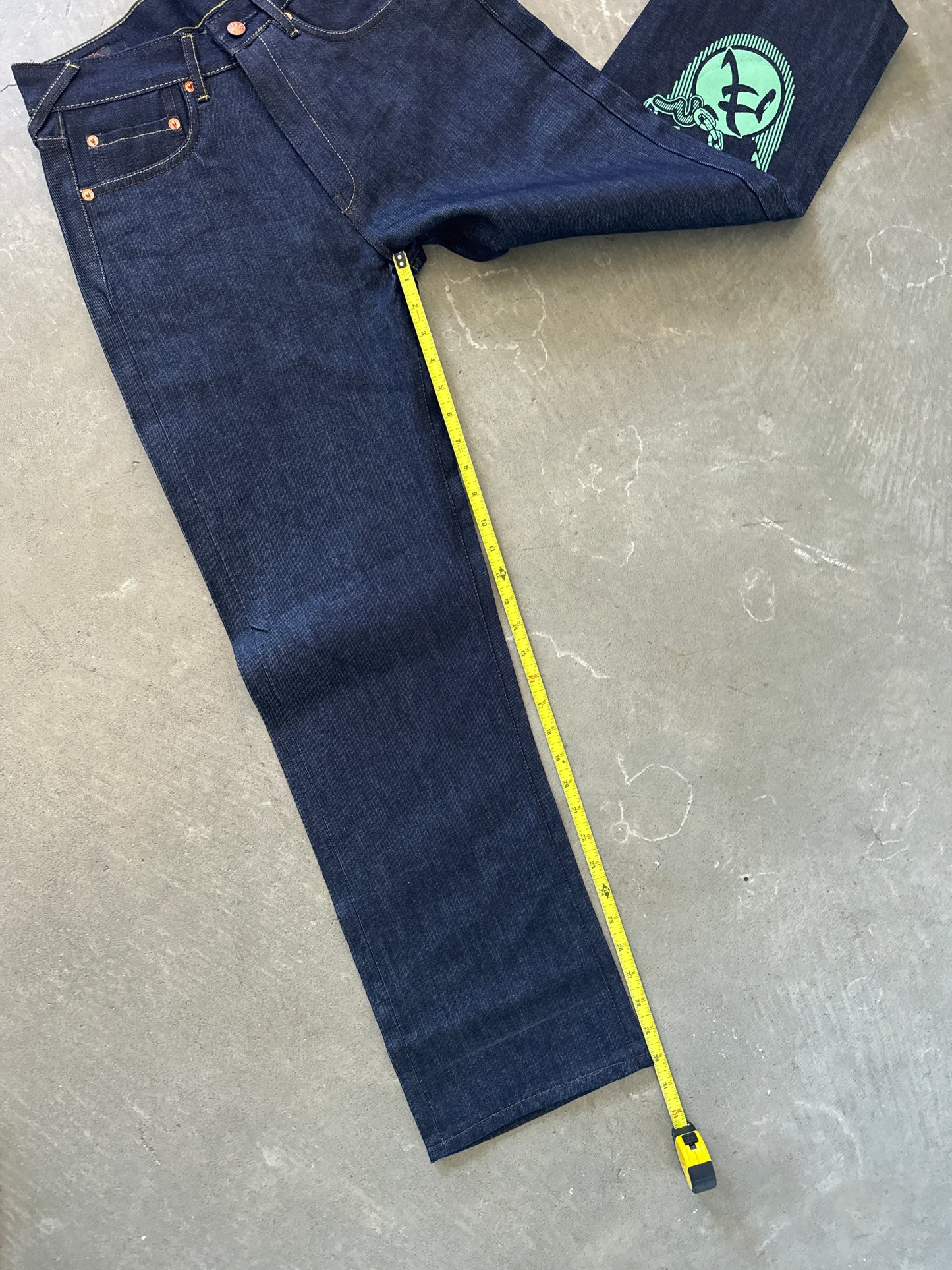 Evisu Embroidered Japanese Green Dog Art Salvage Denim Jeans