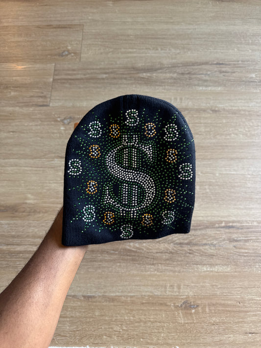 Vintage Y2K Money Dollar Sign Bedazzled Skully Beanie Hat