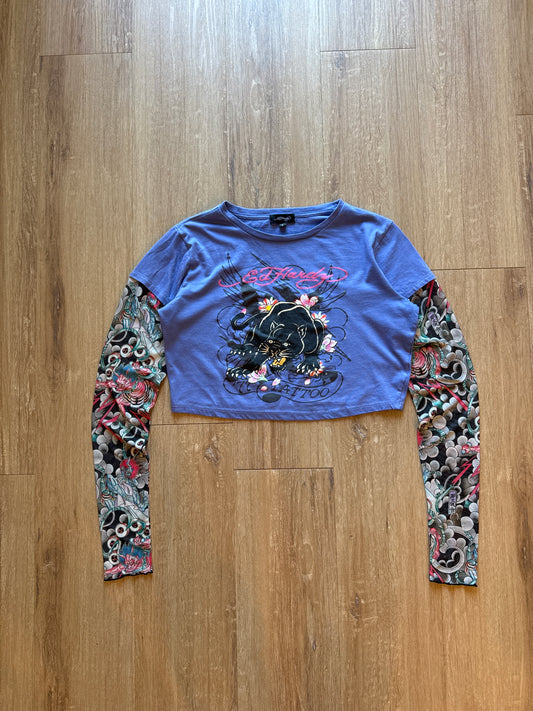 Ed Hardy Swallow 2fer Midnight Long Sleeve Crop Tee