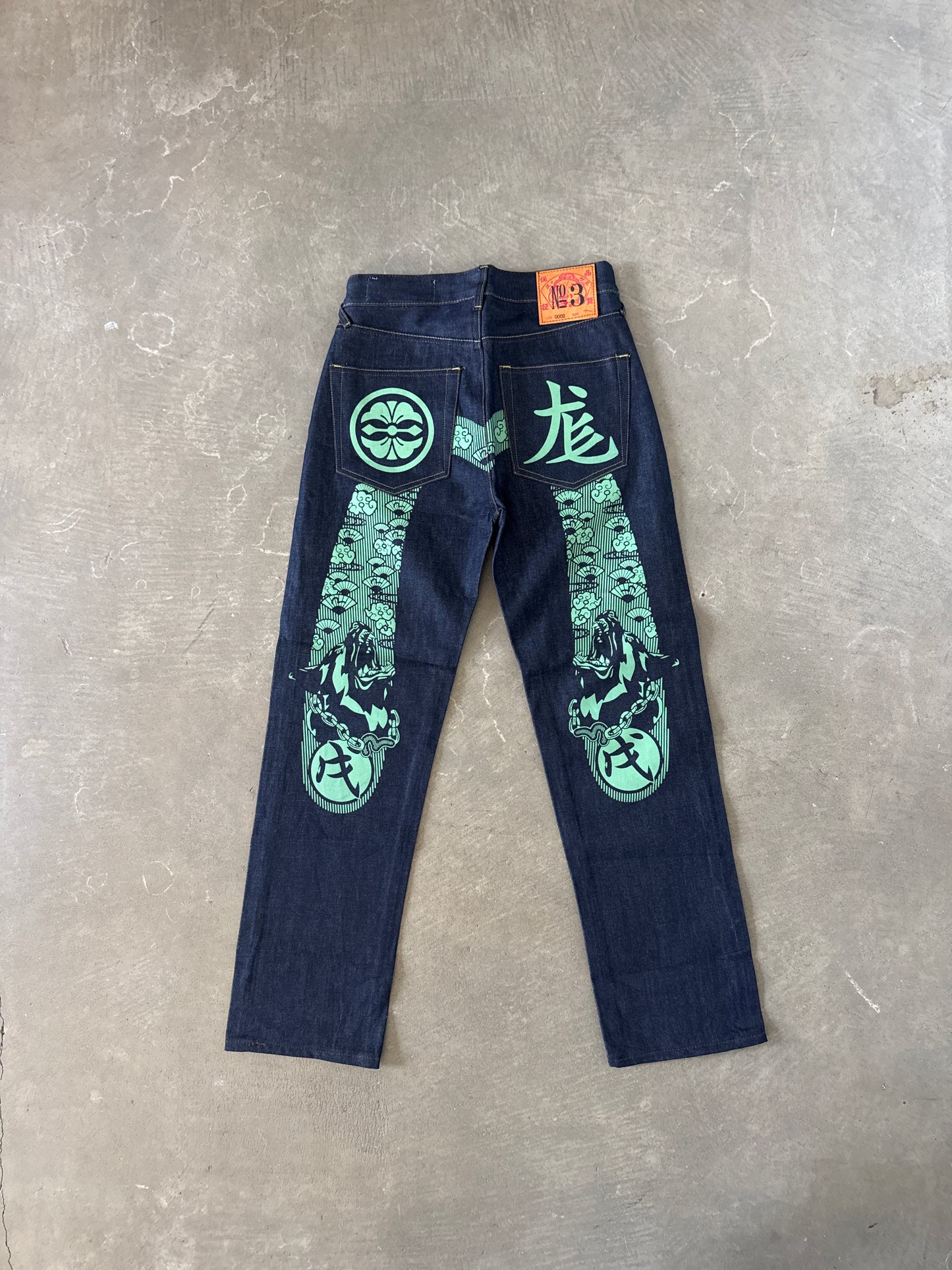 Evisu Green Dog Japanese Art Selvedge Denim Jeans